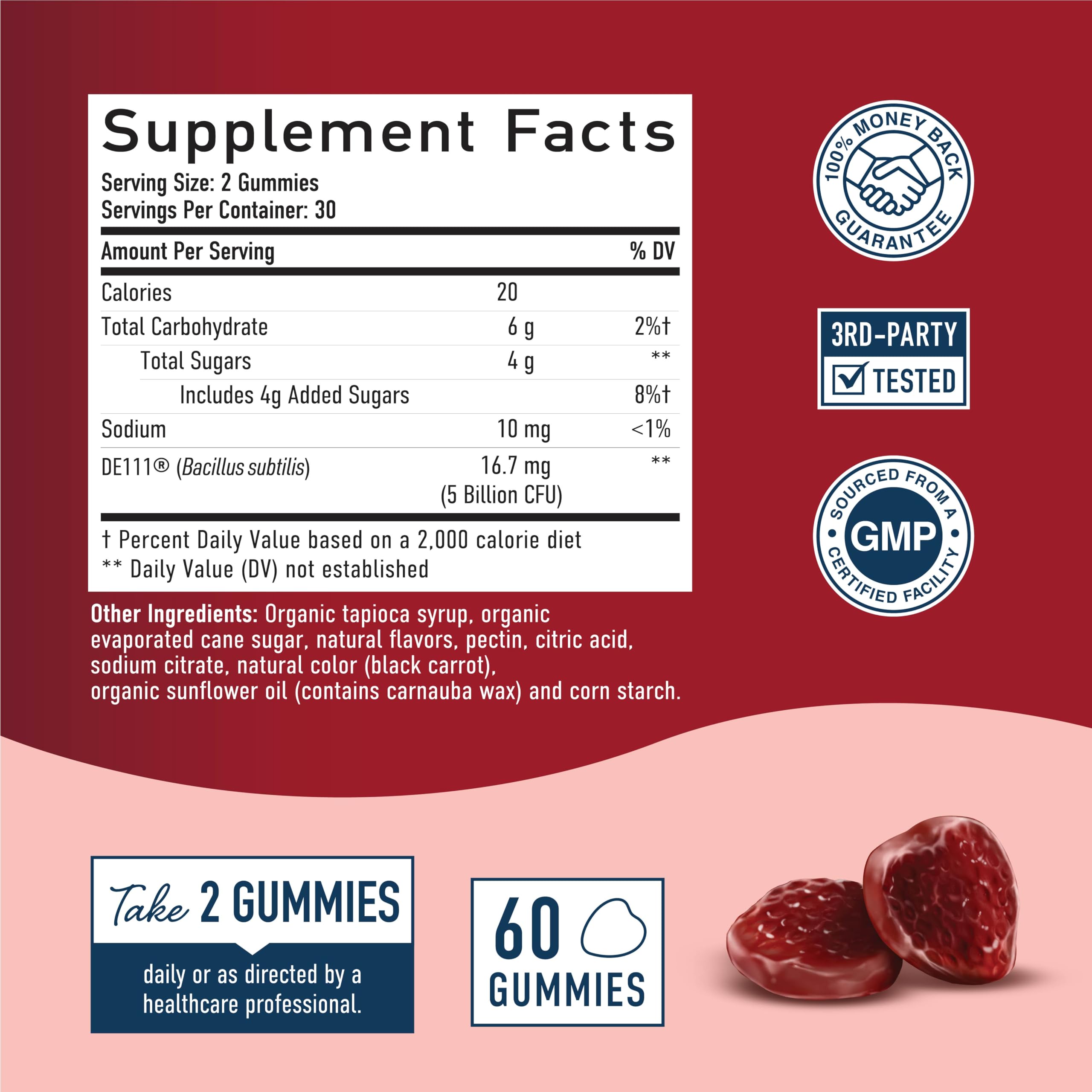 SMNutrition ingredientes orgánicos de fresa alrededor de gomitas, subraya origen natural