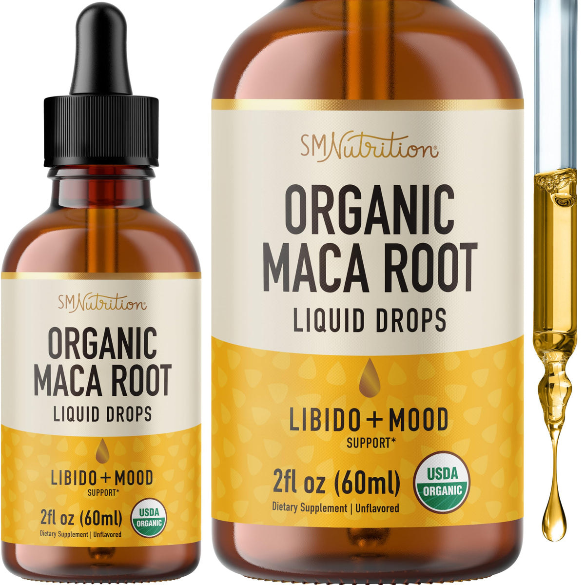 SMNutrition envase frontal mostrando gotas de maca y fácil dosificación