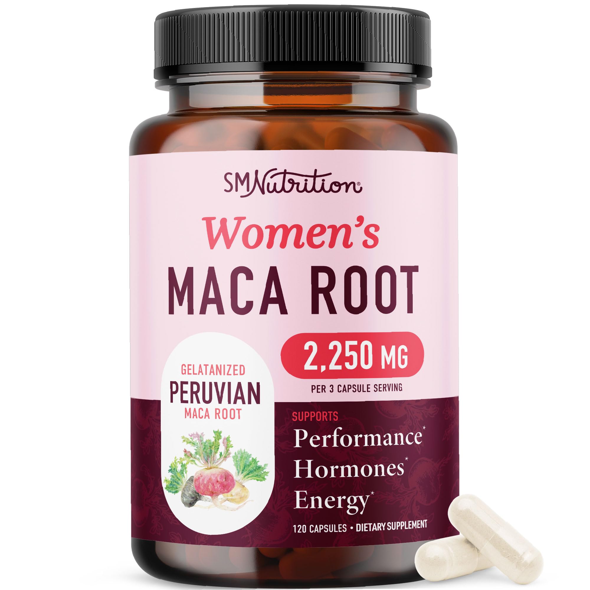 SMNutrition envase frontal de maca orgánica mostrando dosis y sello GMP