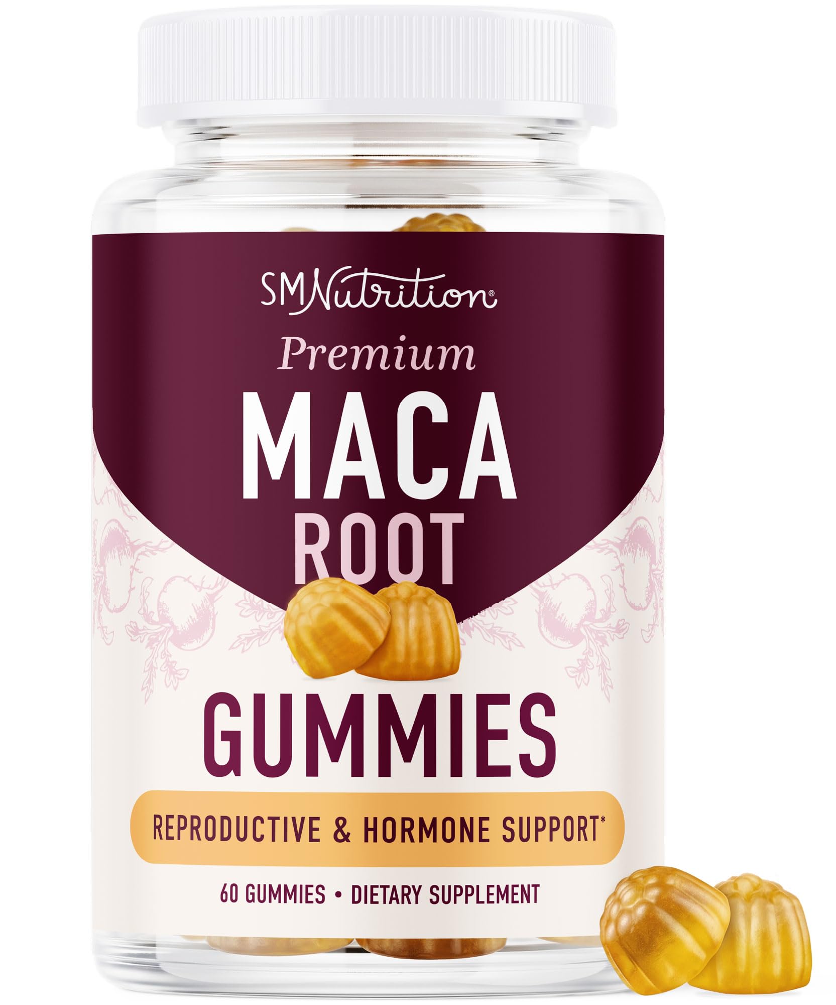 SMNutrition frasco frontal de gominolas de maca, presenta conveniencia diaria