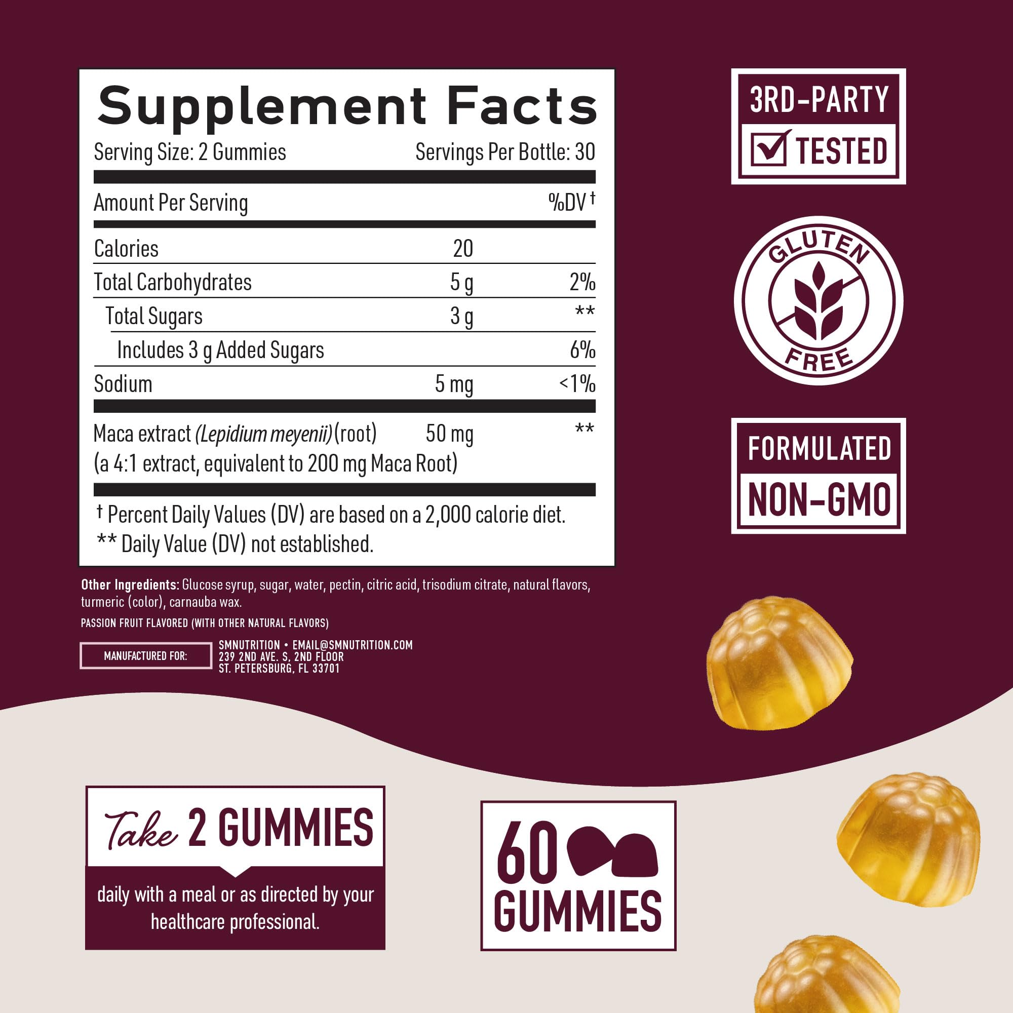 SMNutrition gominolas junto a fruta de la pasión, subraya sabor natural agradable