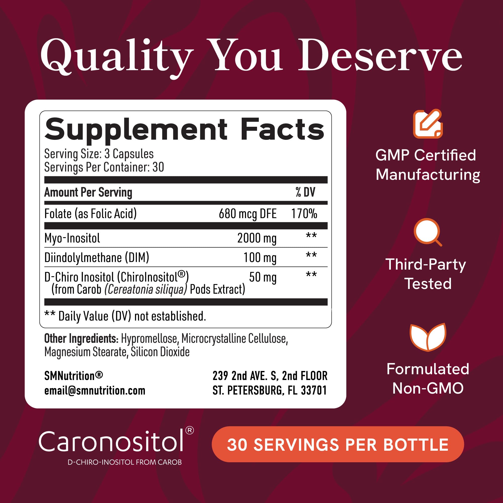 SMNutrition polvo de inositol ilustrado mostrando proporción 40:1