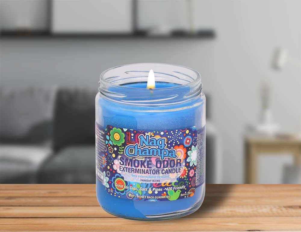 Smoke Odor Exterminator vela encendida en salón, Nag Champa aporta ambiente calmante