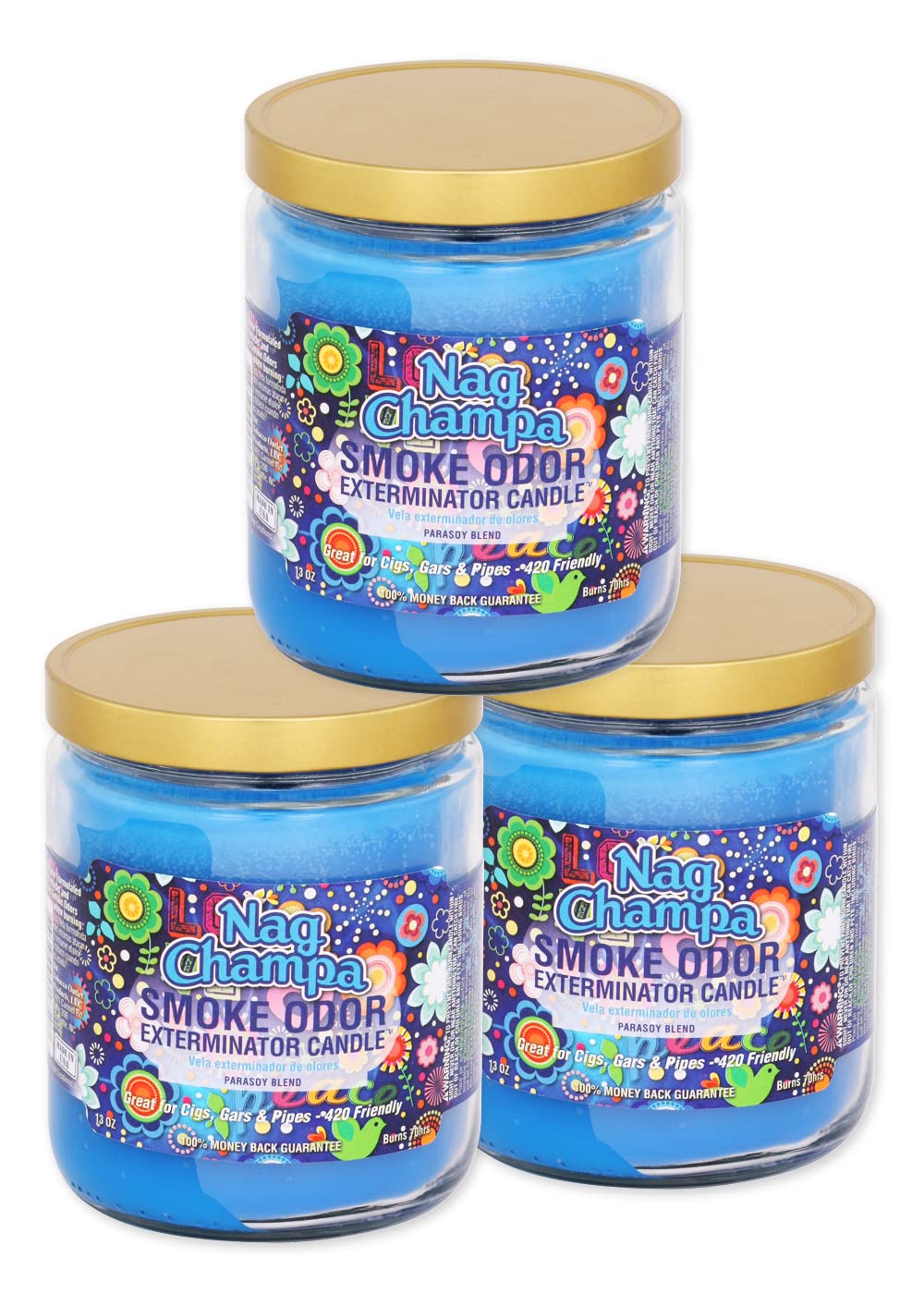 Smoke Odor Exterminator tarro frontal Nag Champa mostrando etiqueta y tapa, neutraliza olores