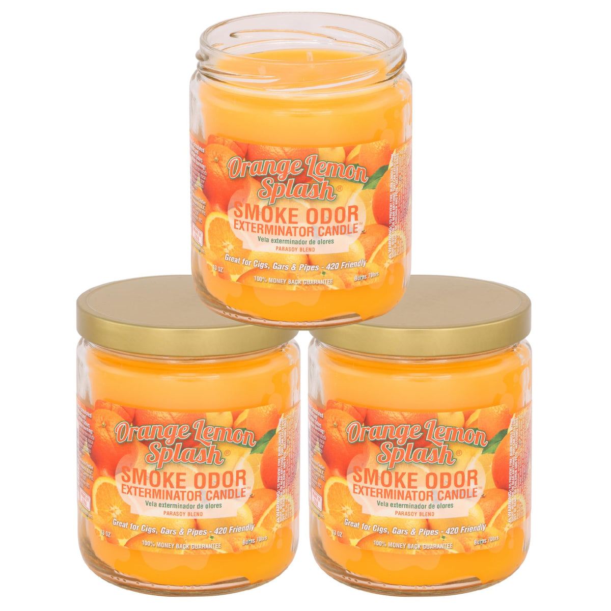 Smoke Odor Exterminator vela frontal naranja limón mostrando envase y aroma fresco