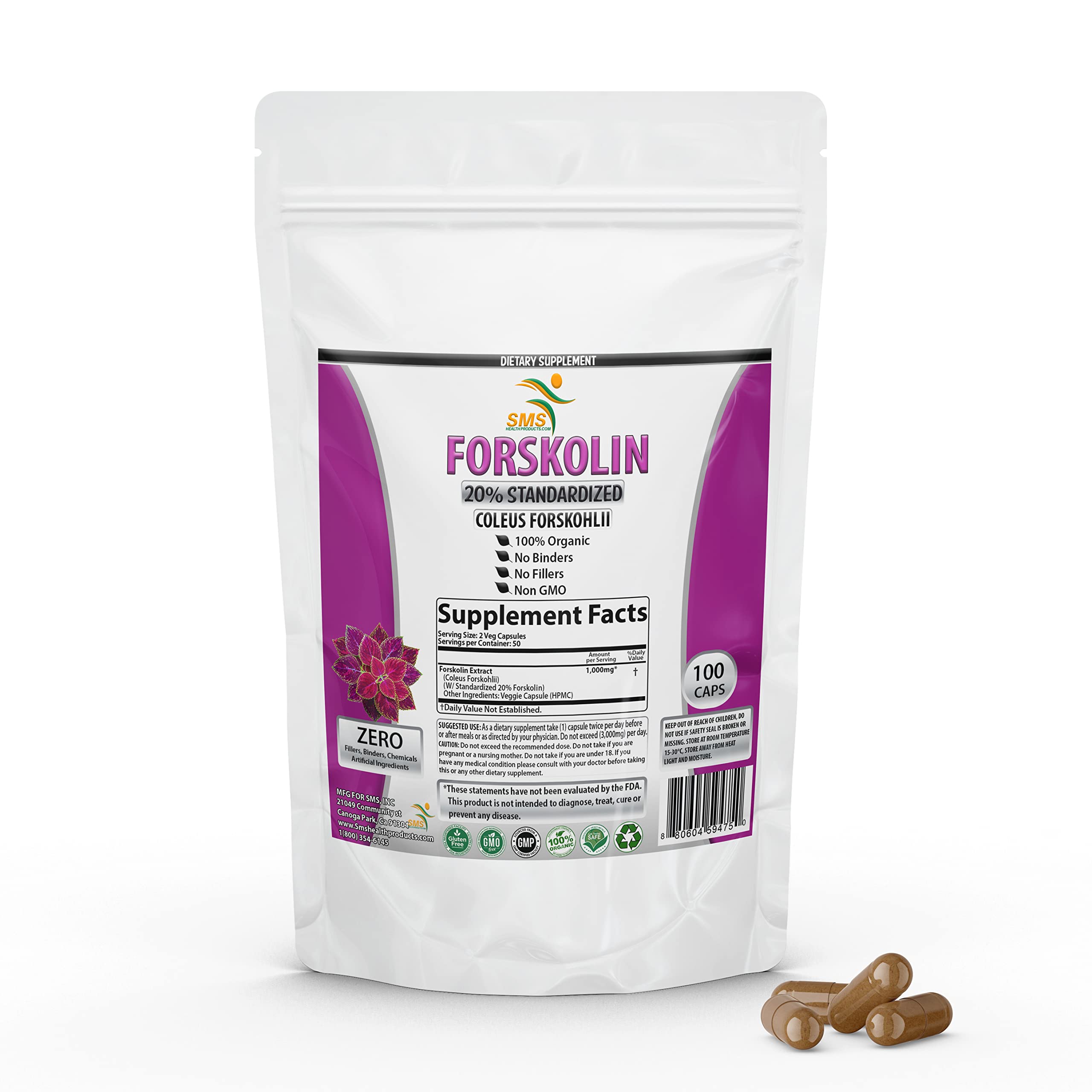 SMSHEALTHPRODUCTS frasco frontal de Pure Forskolin 1000 mg mostrando etiqueta clara y beneficio energético