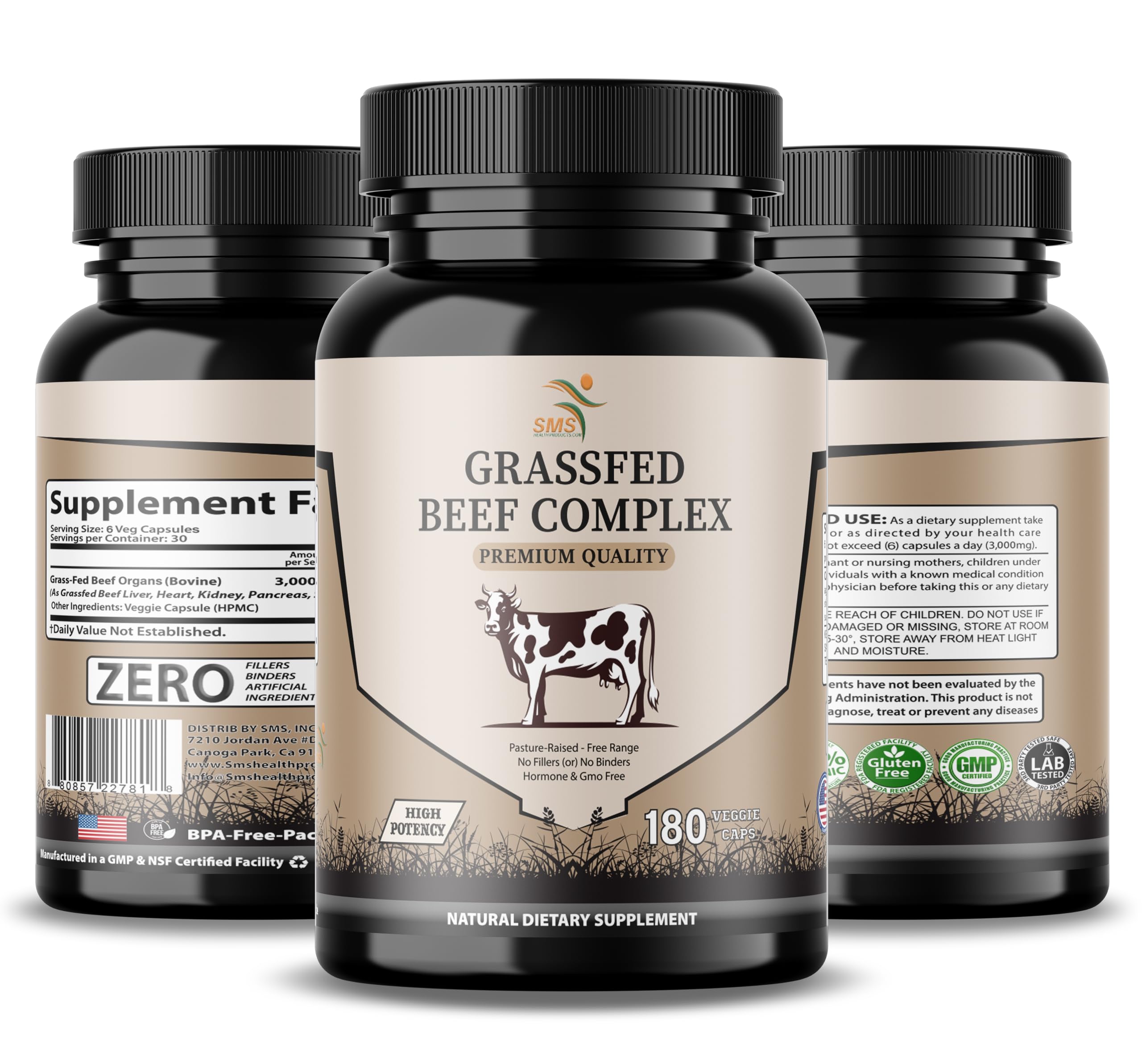 SMSHEALTHPRODUCTS.com frasco en cocina con pasto de fondo indicando origen grass fed