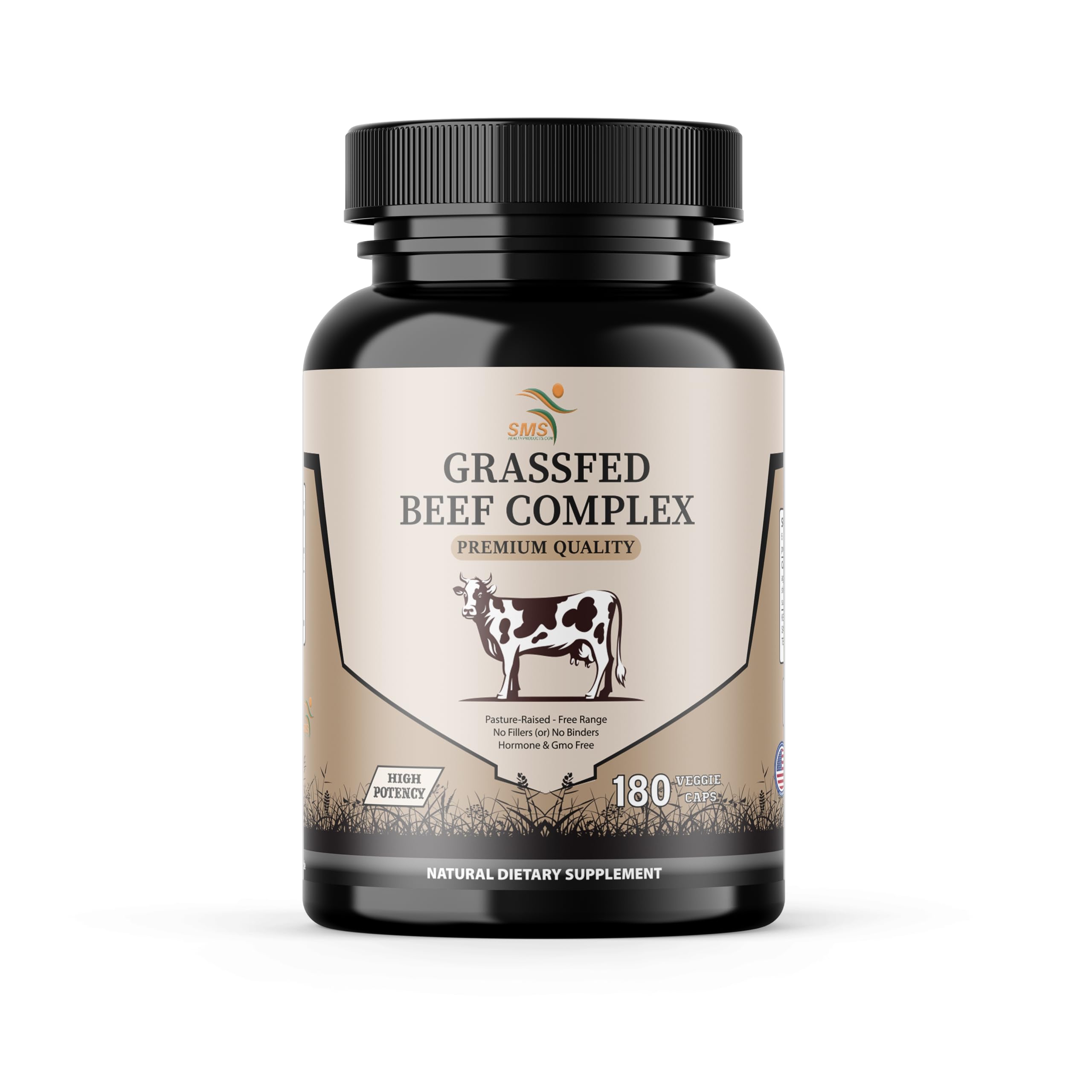SMSHEALTHPRODUCTS.com frasco frontal del suplemento mostrando 180 cápsulas y pureza