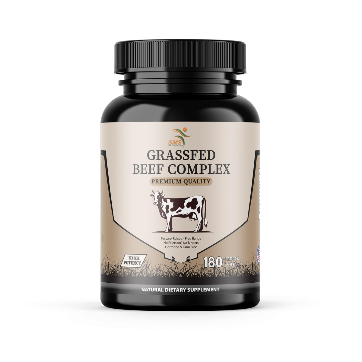 SMSHEALTHPRODUCTS.com frasco frontal del suplemento mostrando 180 cápsulas y pureza