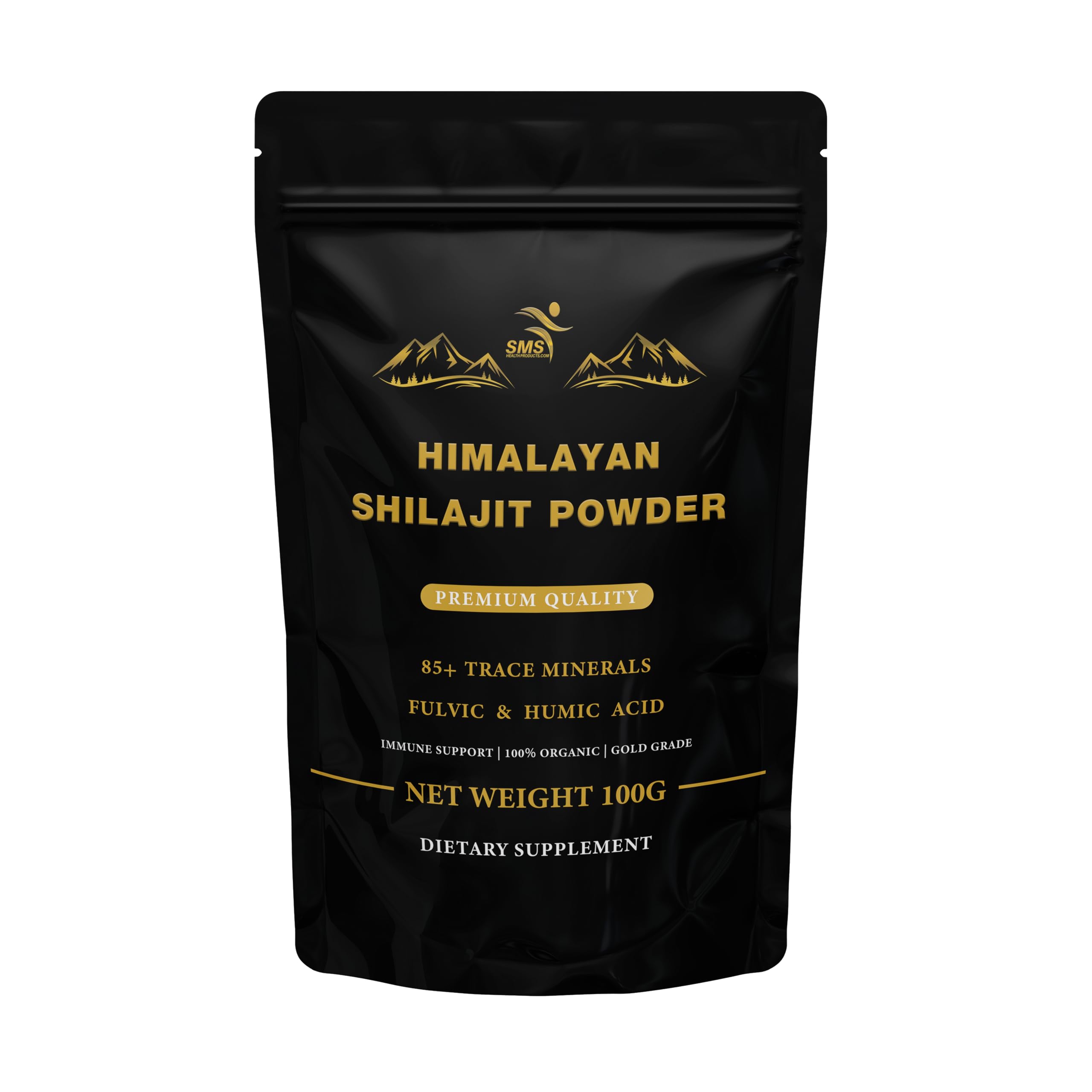 SMSHEALTHPRODUCTS shilajit polvo frontal del envase mostrando etiqueta clara y origen