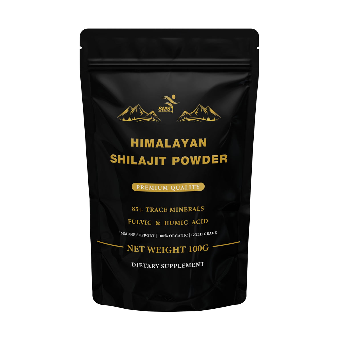 SMSHEALTHPRODUCTS shilajit polvo frontal del envase mostrando etiqueta clara y origen