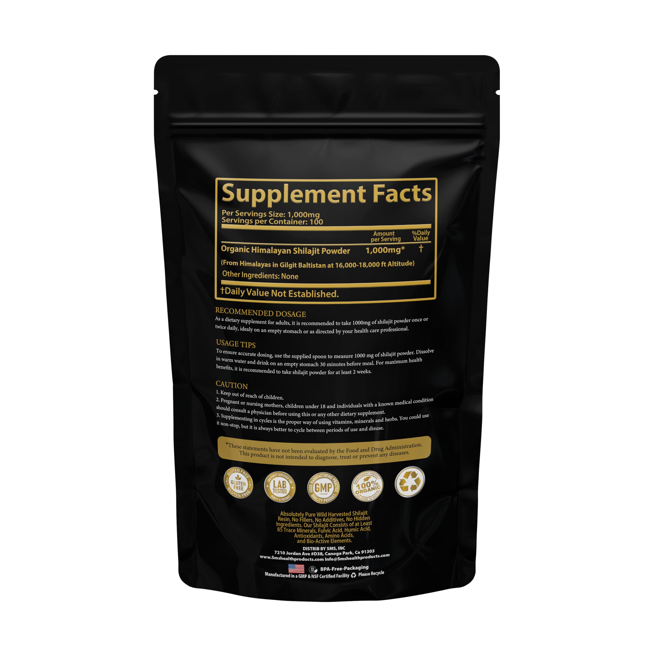 SMSHEALTHPRODUCTS comparación de tamaño del pouch de 100 g para visualización de cantidad
