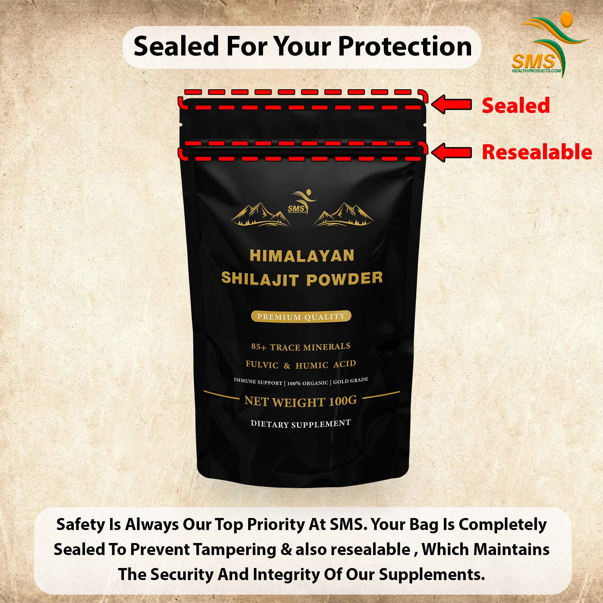 SMSHEALTHPRODUCTS mezcla de shilajit en vaso demostrando fácil disolución