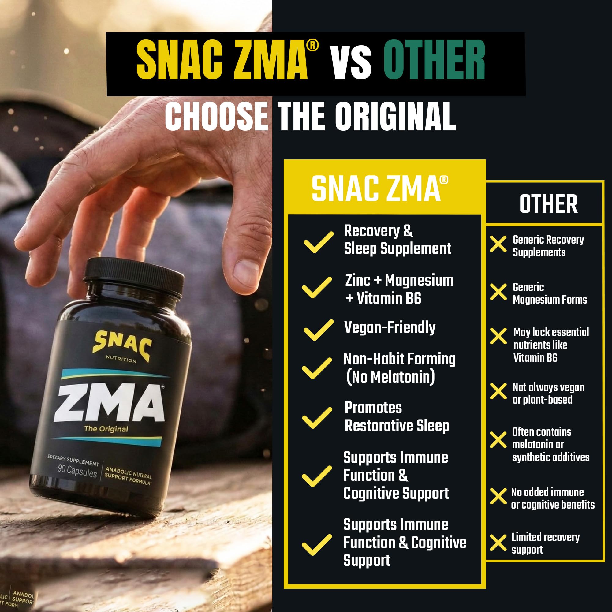 SNAC ZMA cápsula en mano para comparar tamaño y fácil ingestión