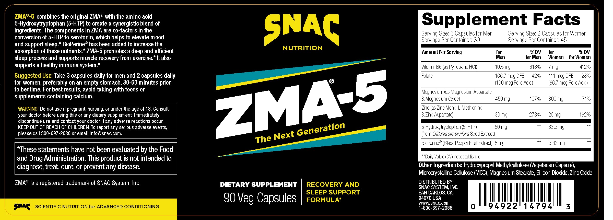SNAC ZMA-5 cápsulas en mano ilustrando facilidad de dosificación