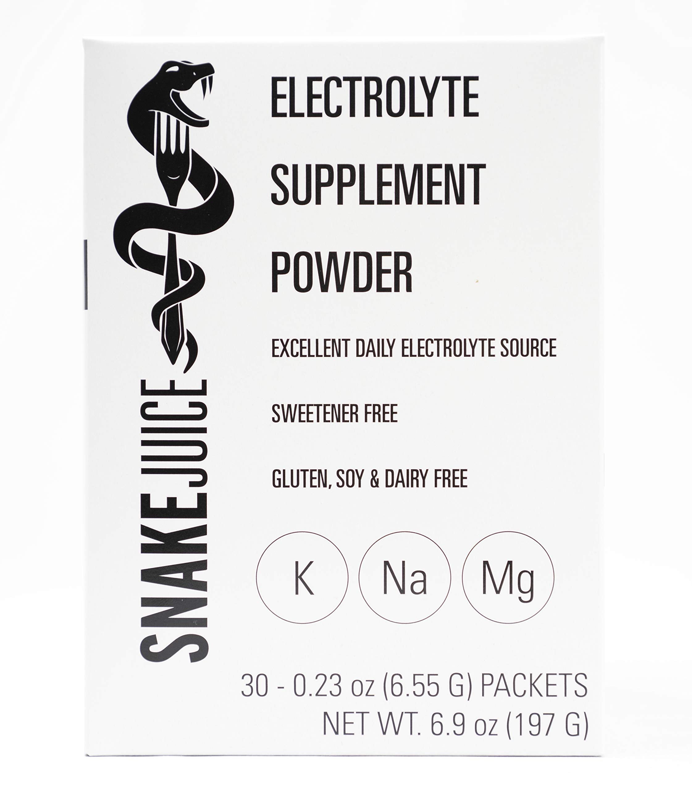 SNAKE Juice empaque frontal que muestra 30 sobres para reposición de electrolitos