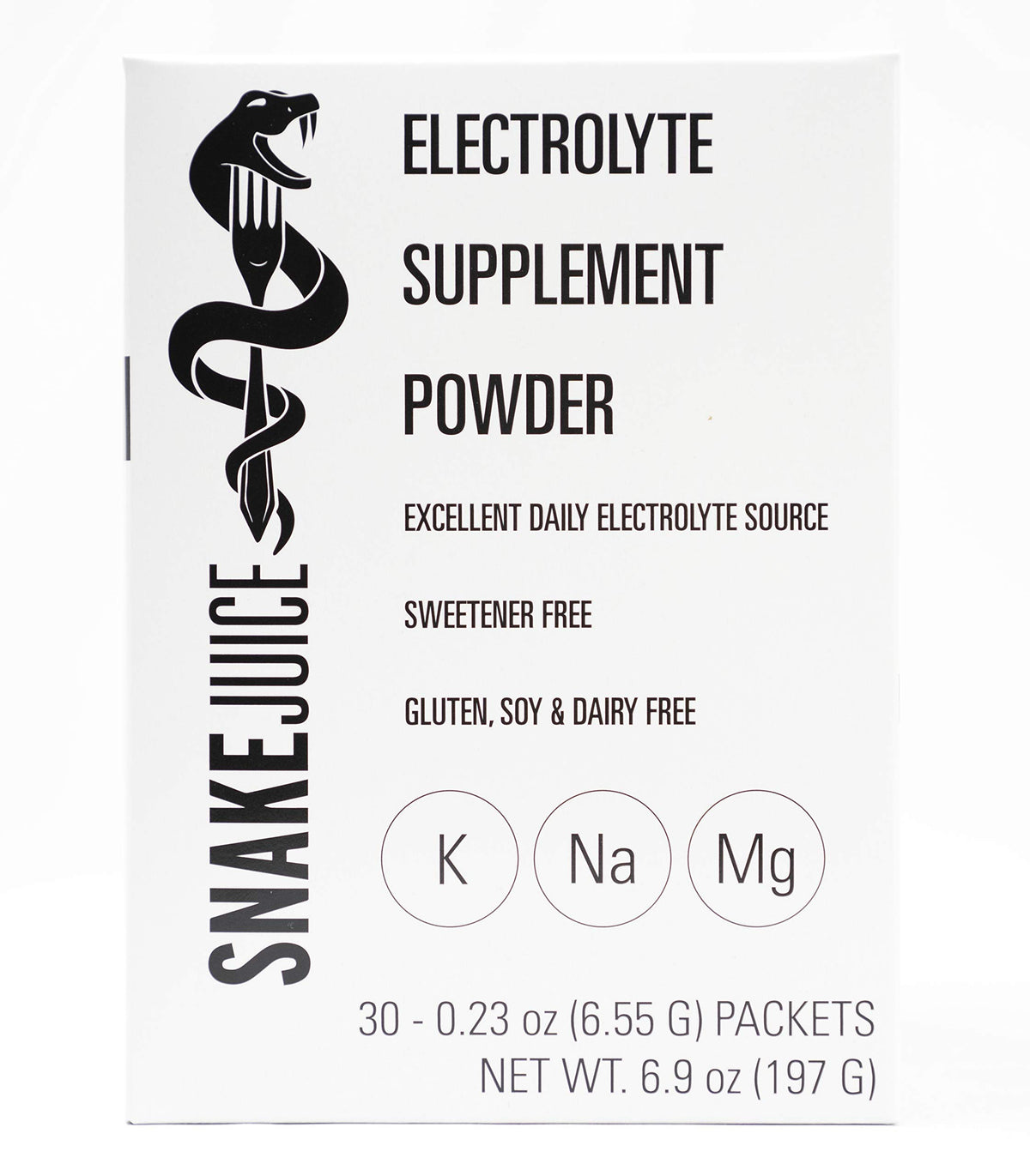 SNAKE Juice empaque frontal que muestra 30 sobres para reposición de electrolitos