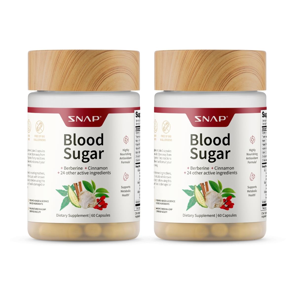 Snap Supplements vista frontal del frasco beneficiando claridad informativa