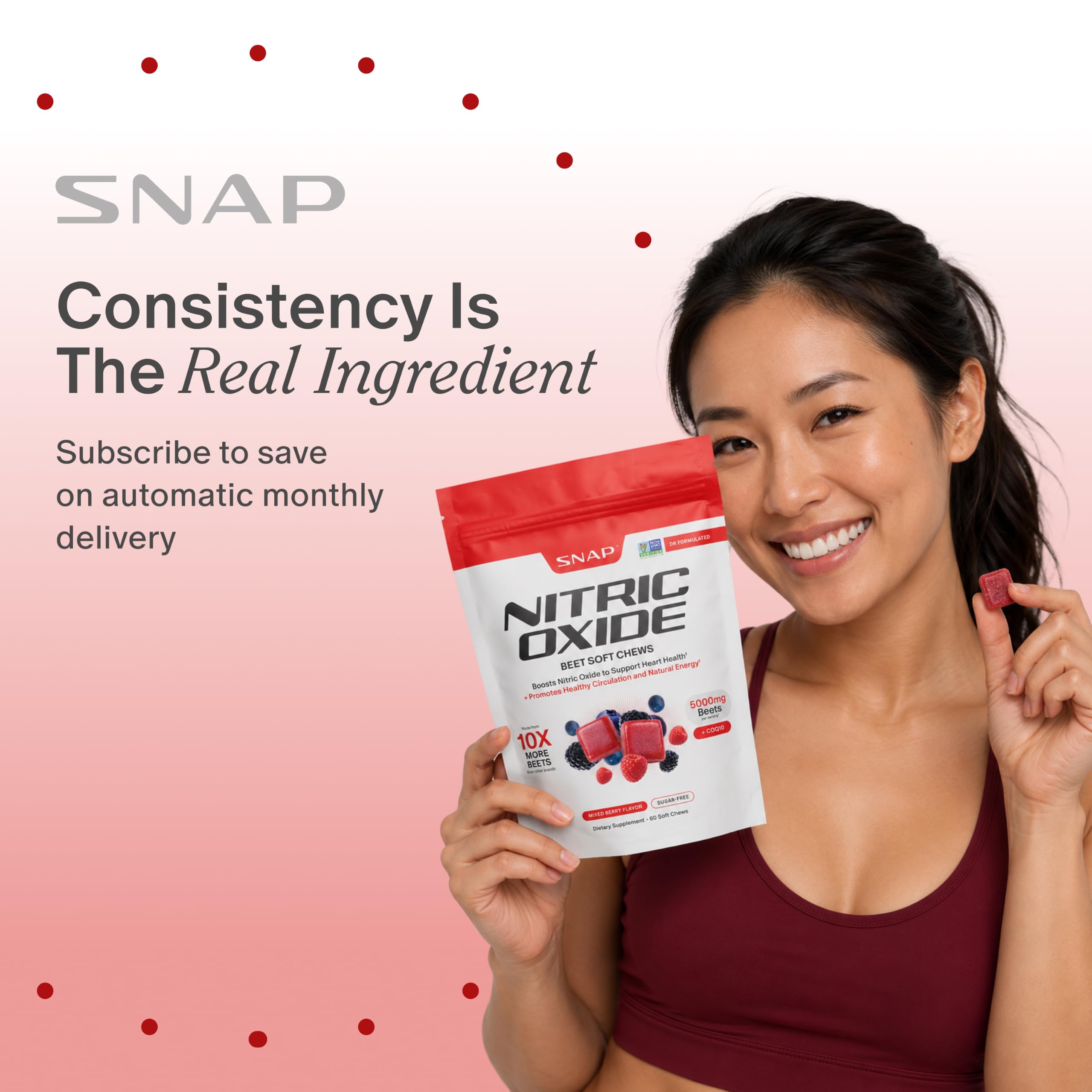 Snap Supplements bolsa abierta con masticables mostrando cantidad y presentación