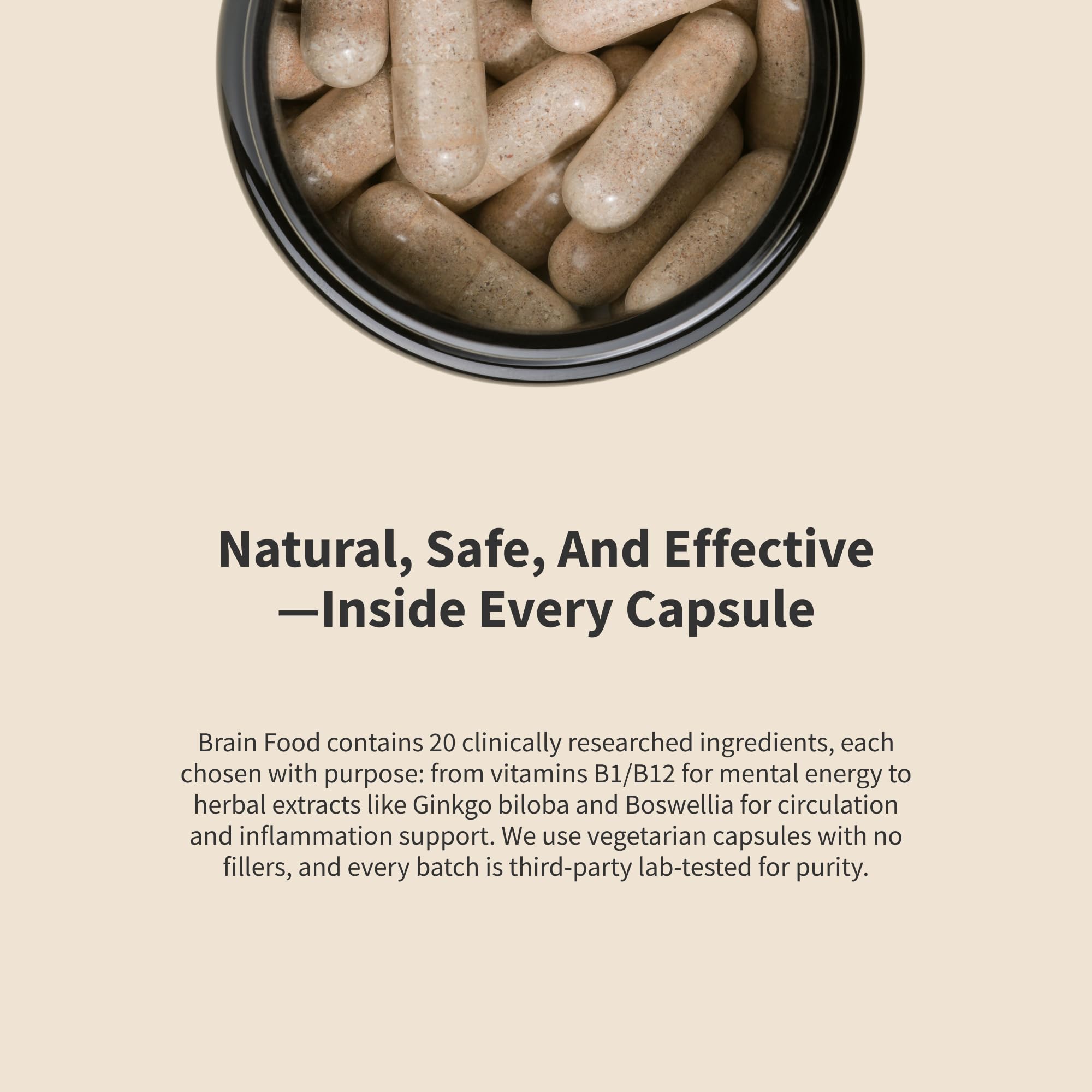 Snap Supplements botella abierta con cápsulas para visual de contenido mensual