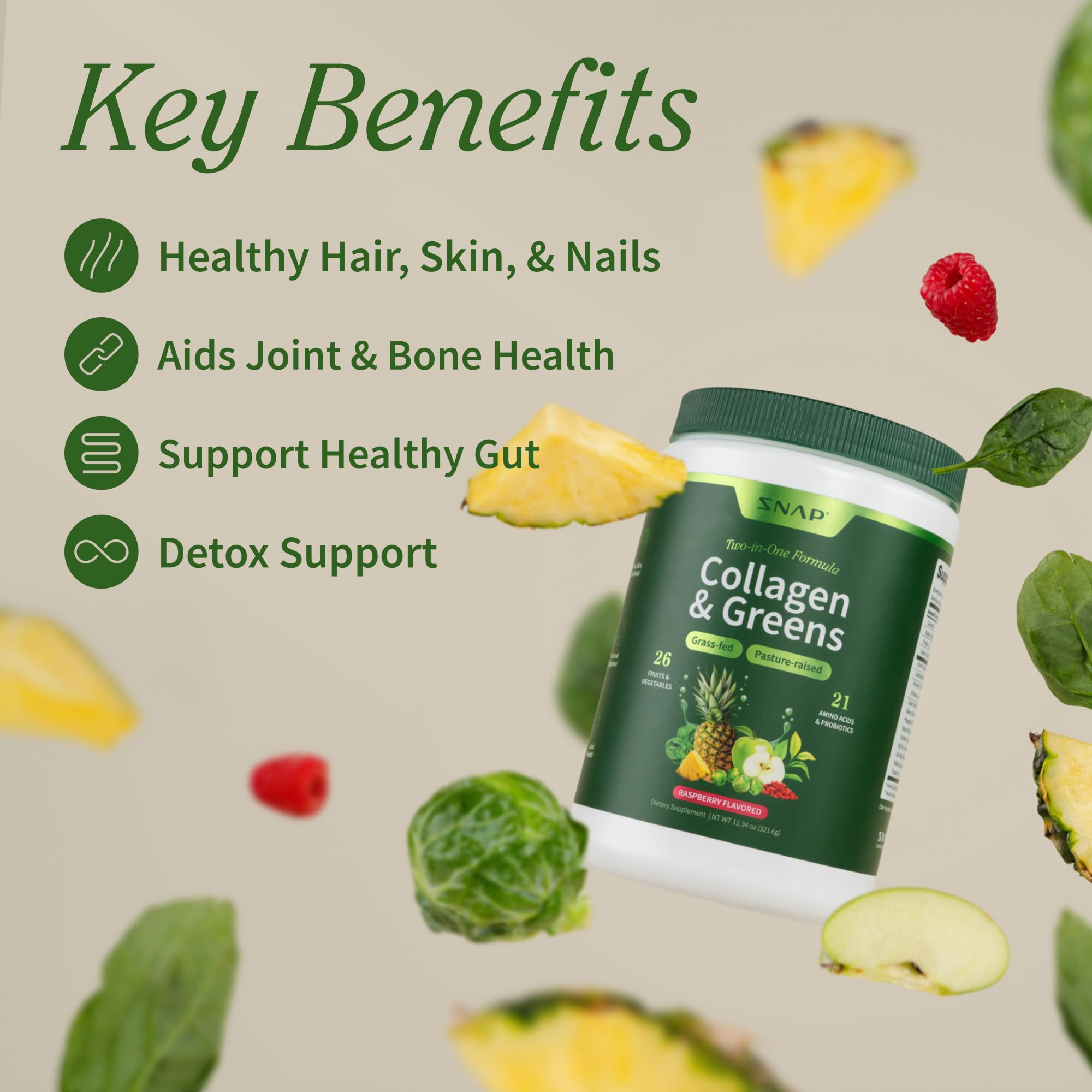 Etiqueta de Snap Supplements con lista de ingredientes y certificaciones claras