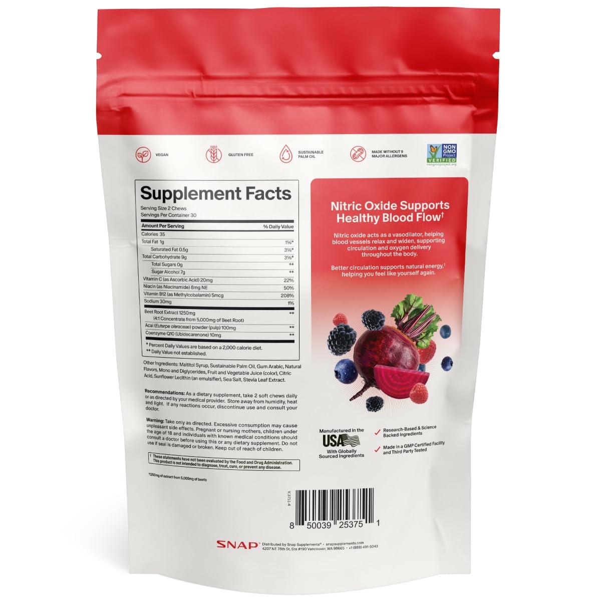 Snap Supplements sello GMP y texto de calidad en el envase