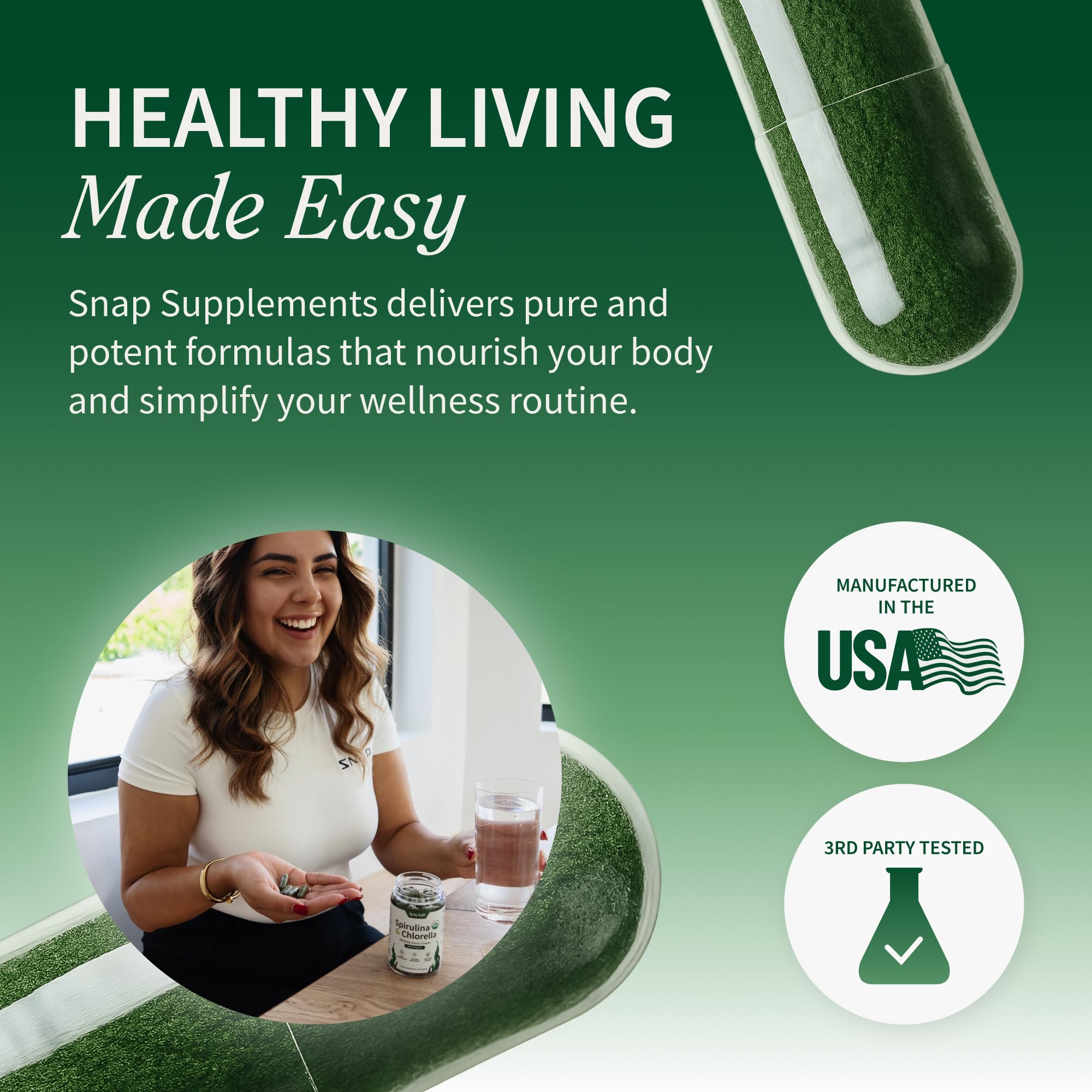 Snap Supplements comparativa de tamaño de cápsula y frasco para escala visual