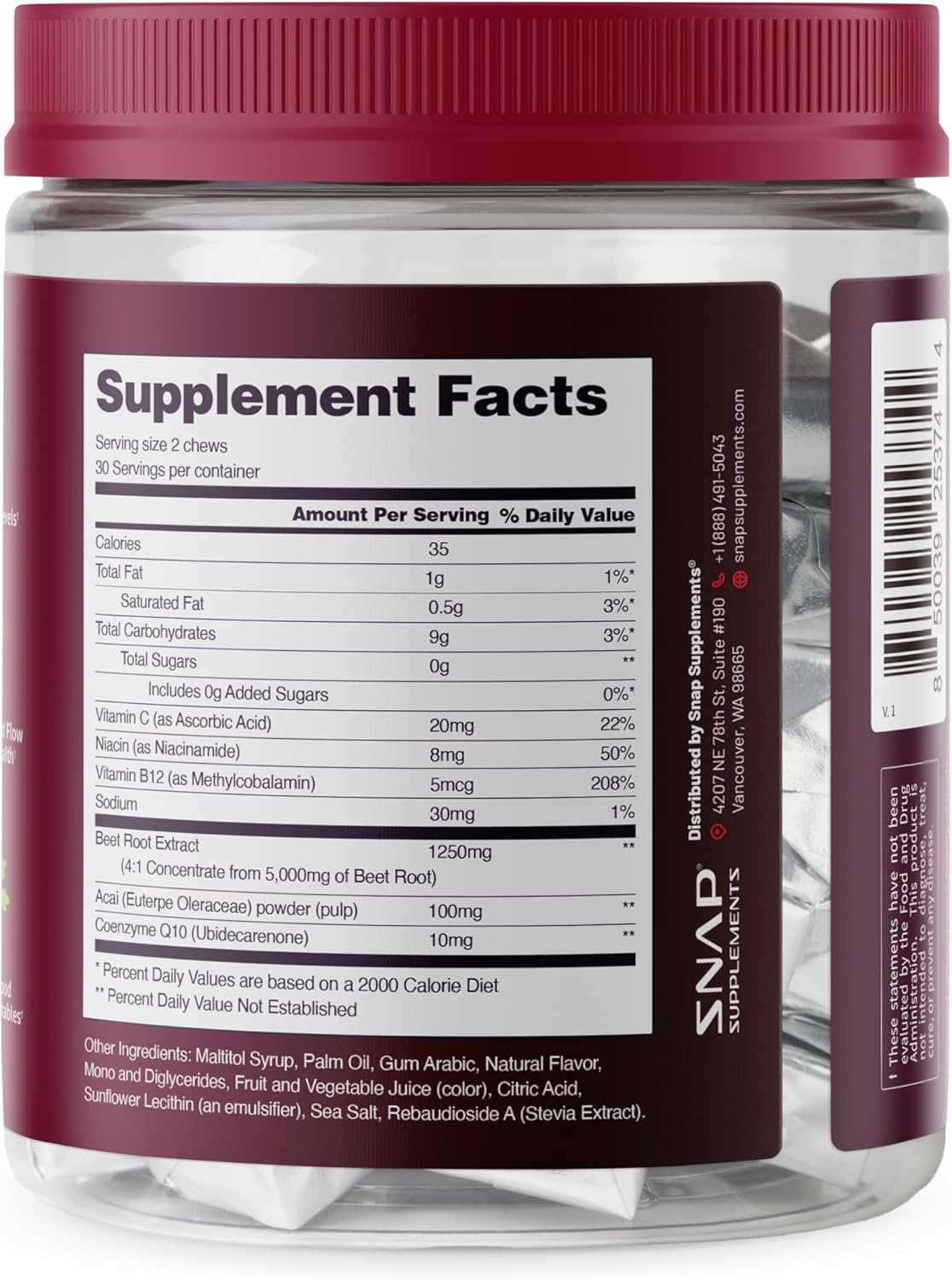 Snap Supplements etiqueta con lista de ingredientes destacando extracto de remolacha y CoQ10