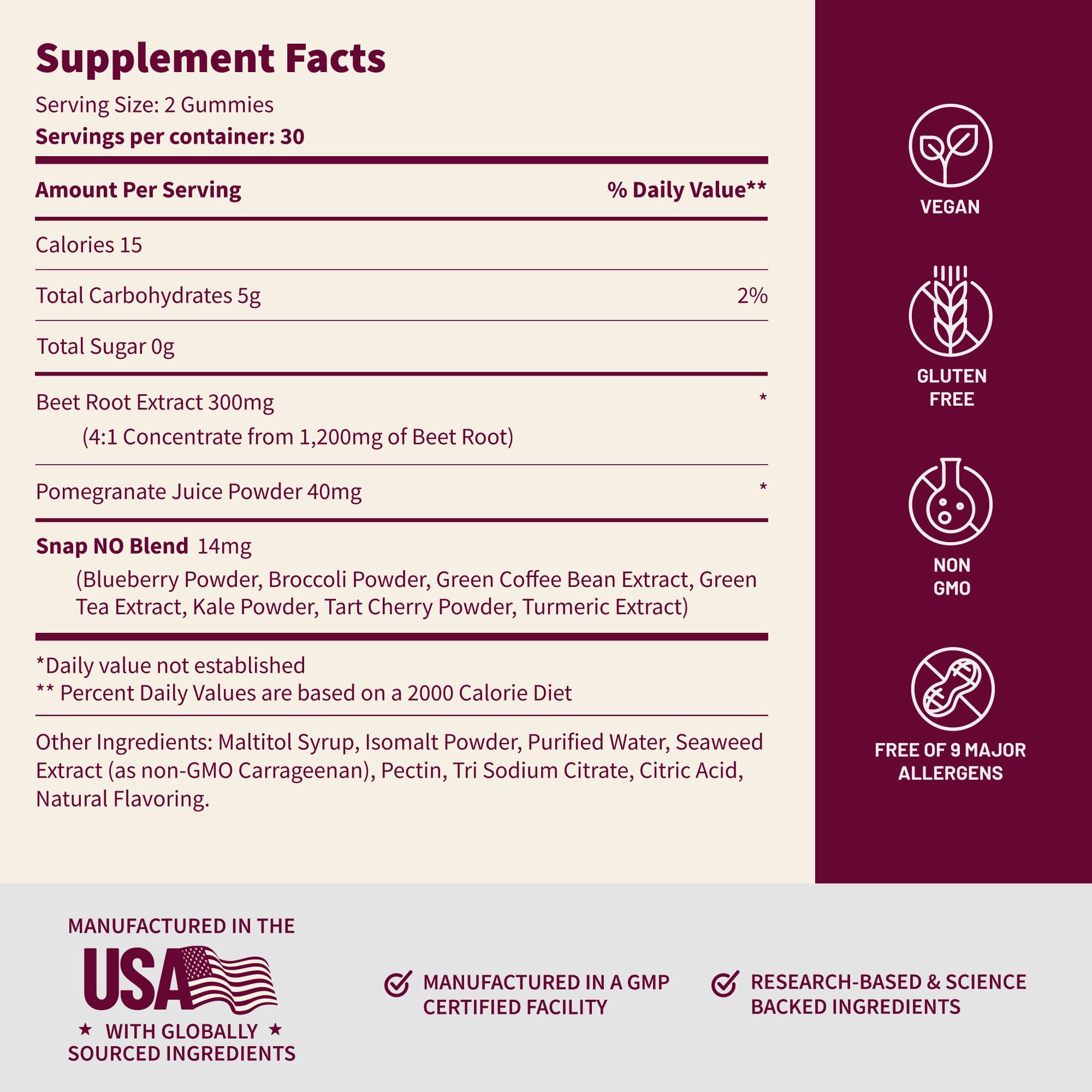 Snap Supplements etiqueta nutricional legible que muestra ingredientes clave