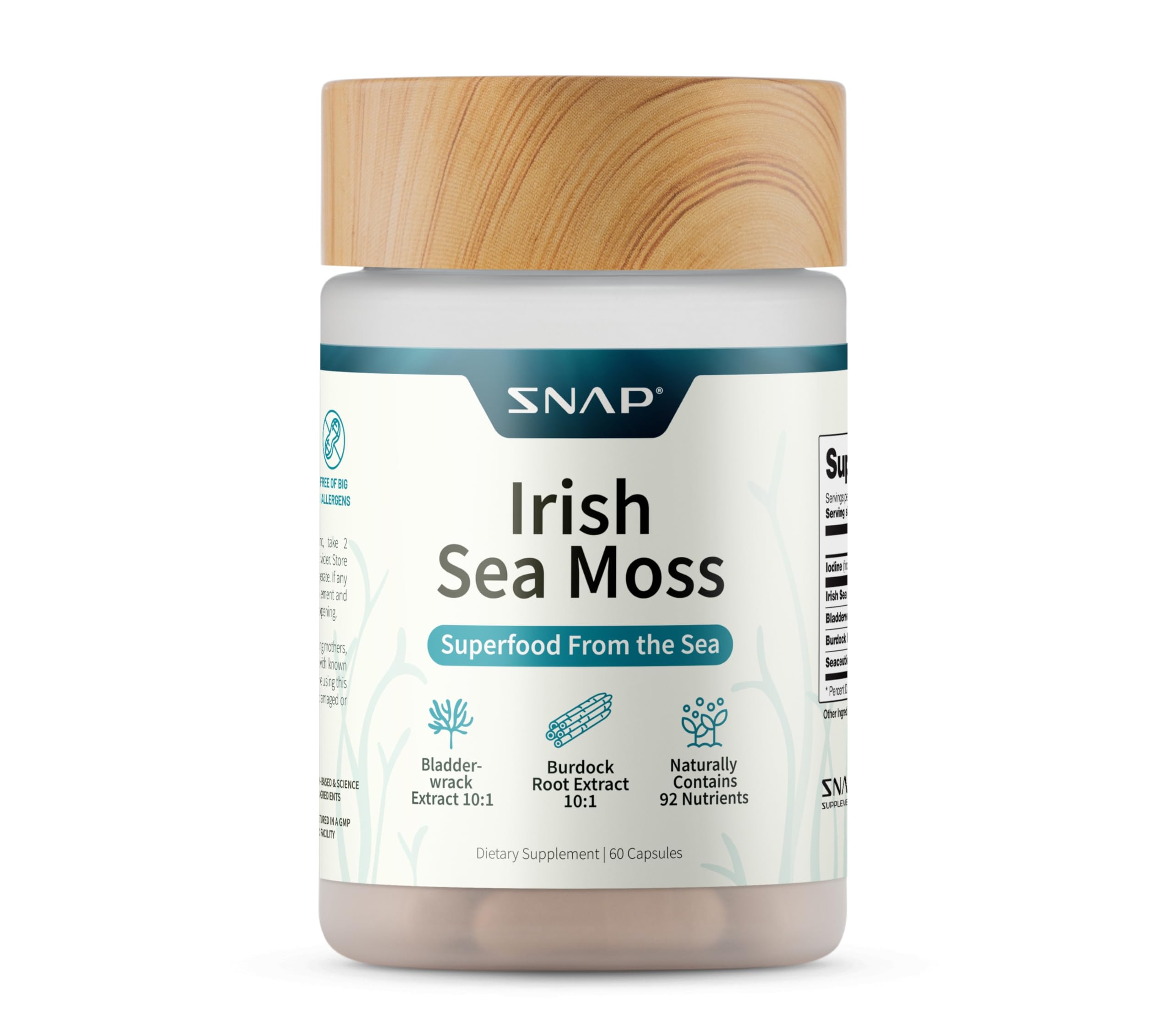 Snap Supplements frasco frontal mostrando etiqueta y beneficios