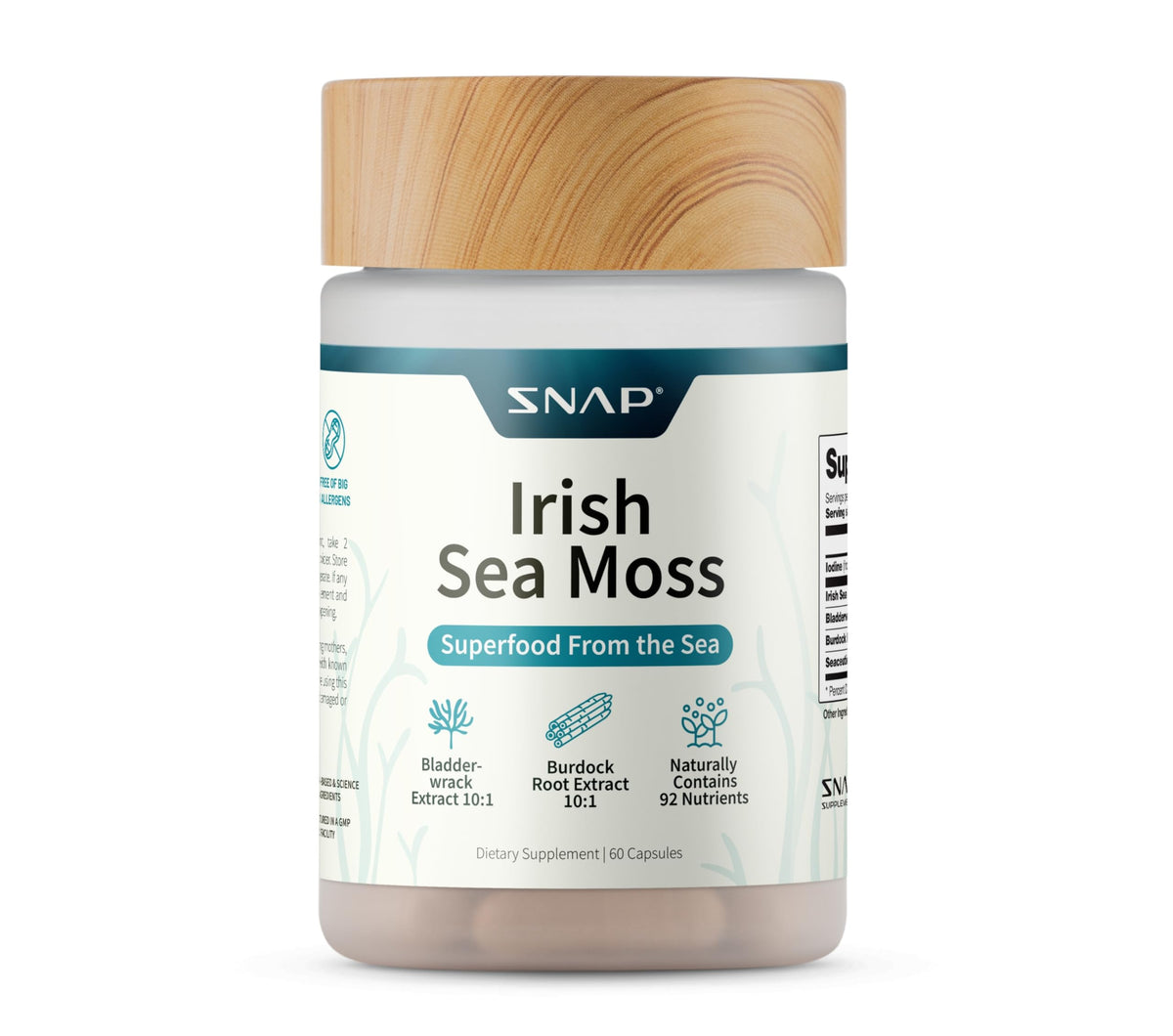 Snap Supplements frasco frontal mostrando etiqueta y beneficios