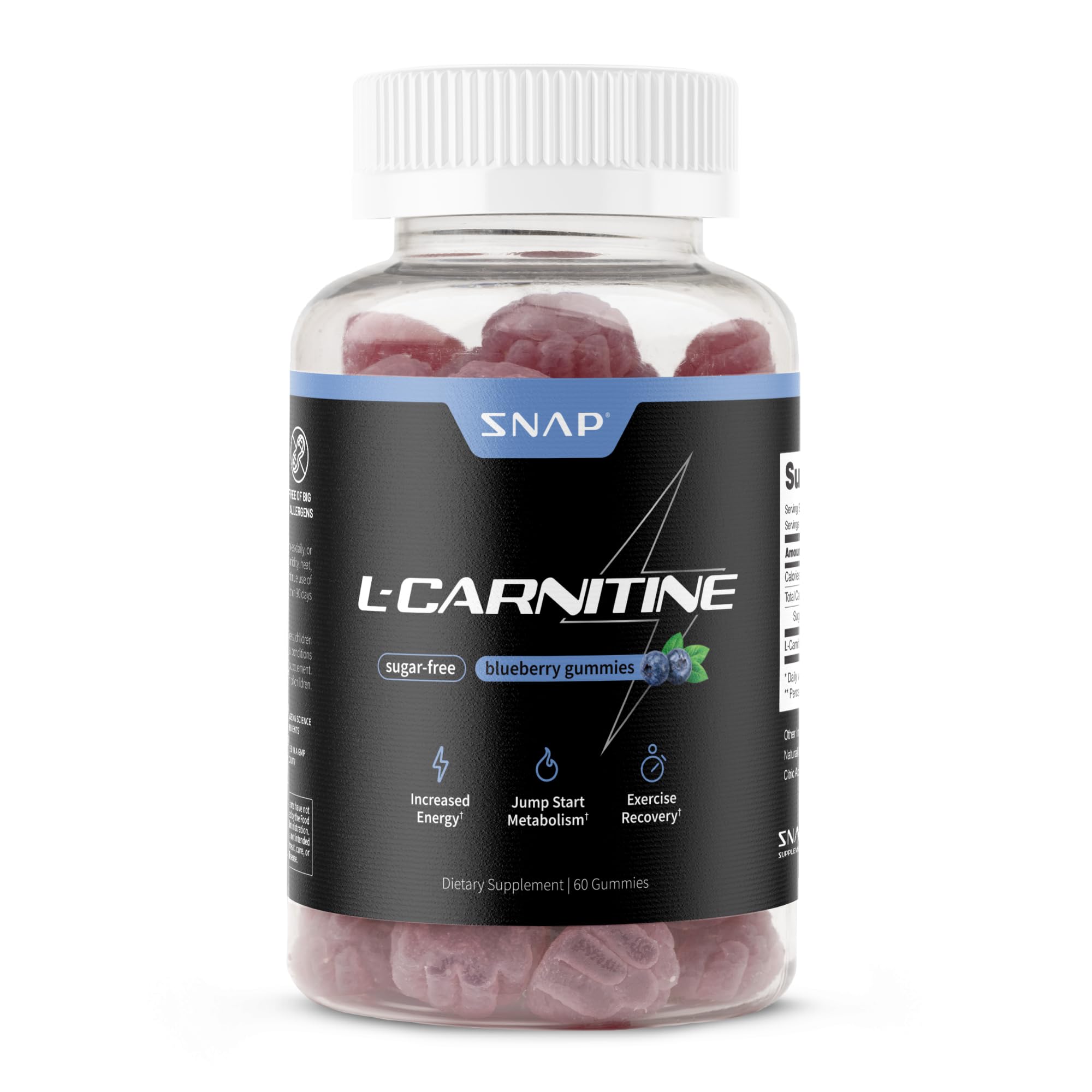 Snap Supplements frasco frontal con diseño y cantidad del producto, conveniente para llevar