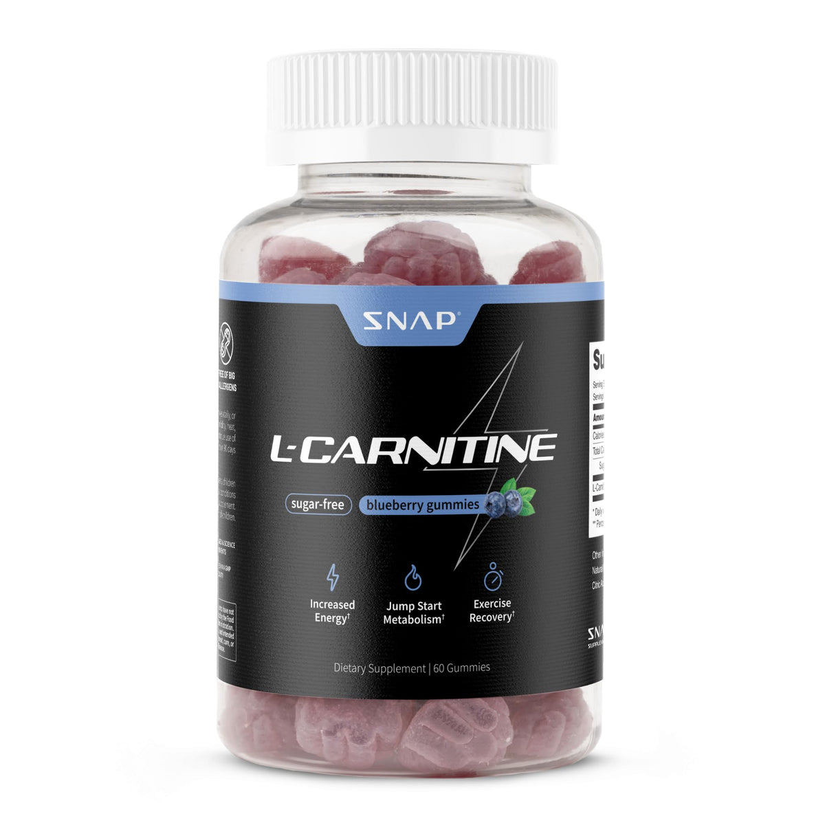 Snap Supplements frasco frontal con diseño y cantidad del producto, conveniente para llevar