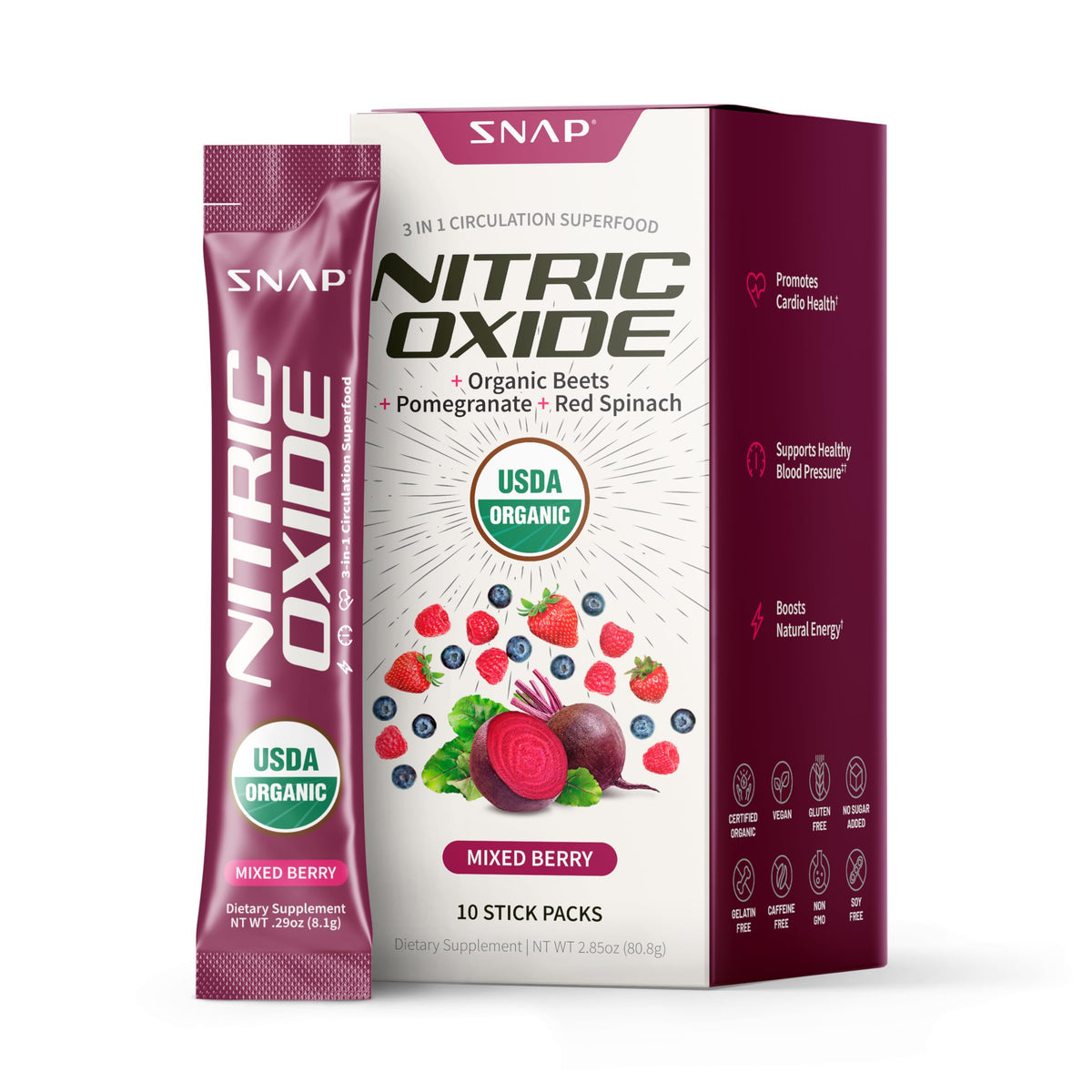 Snap Supplements frente del empaque mostrando 10 stick packs y beneficios visibles