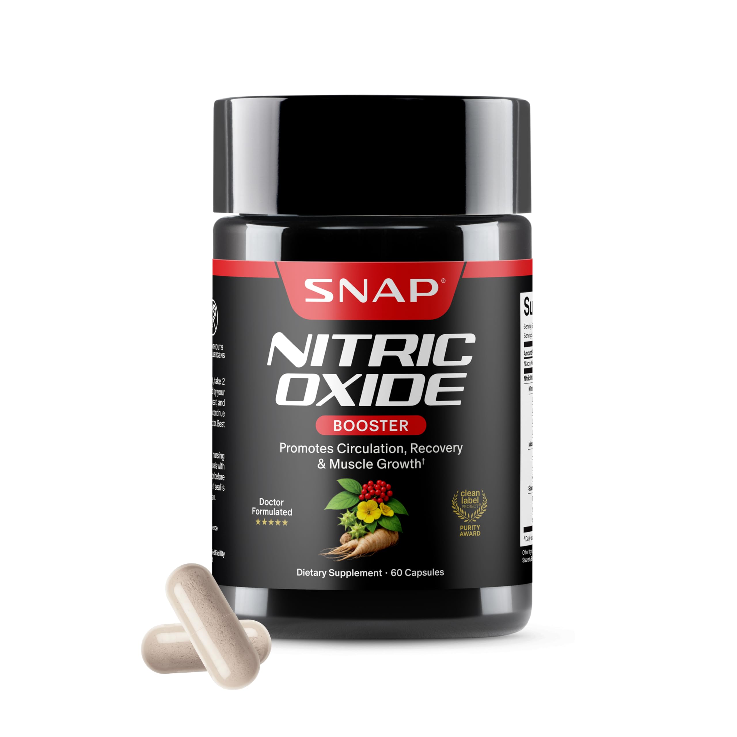 Snap Supplements frente del envase mostrando diseño y tamaño