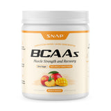 Snap Supplements envase frontal mostrando sabor durazno-mango y beneficios veganos