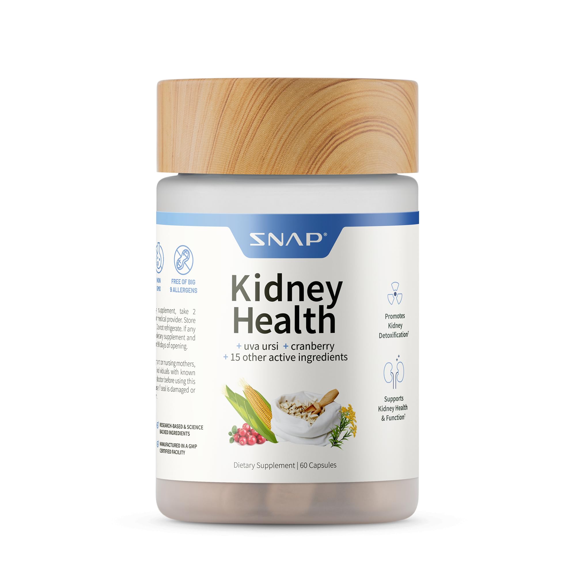 Snap Supplements frente del envase mostrando 60 cápsulas y etiqueta clara