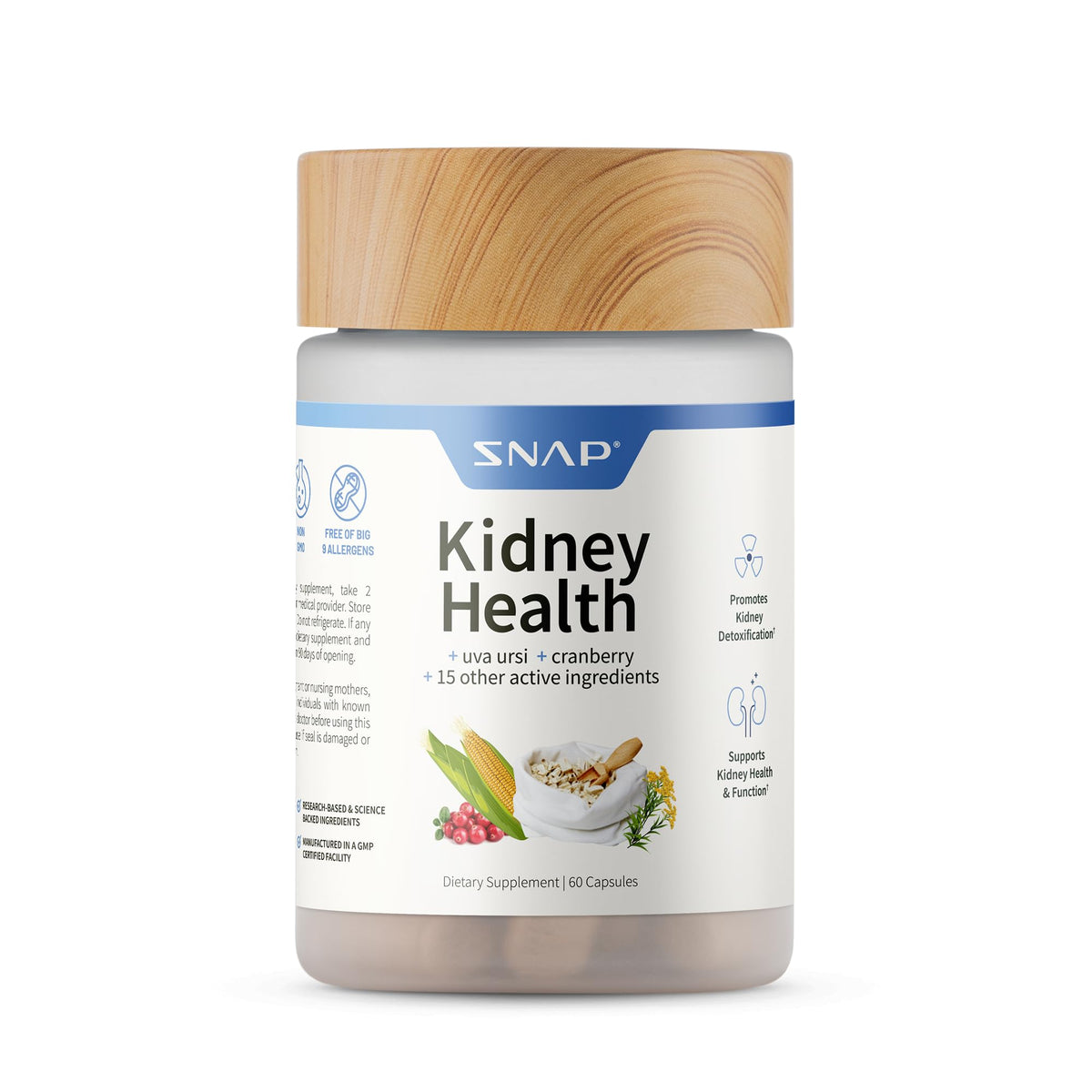 Snap Supplements frente del envase mostrando 60 cápsulas y etiqueta clara