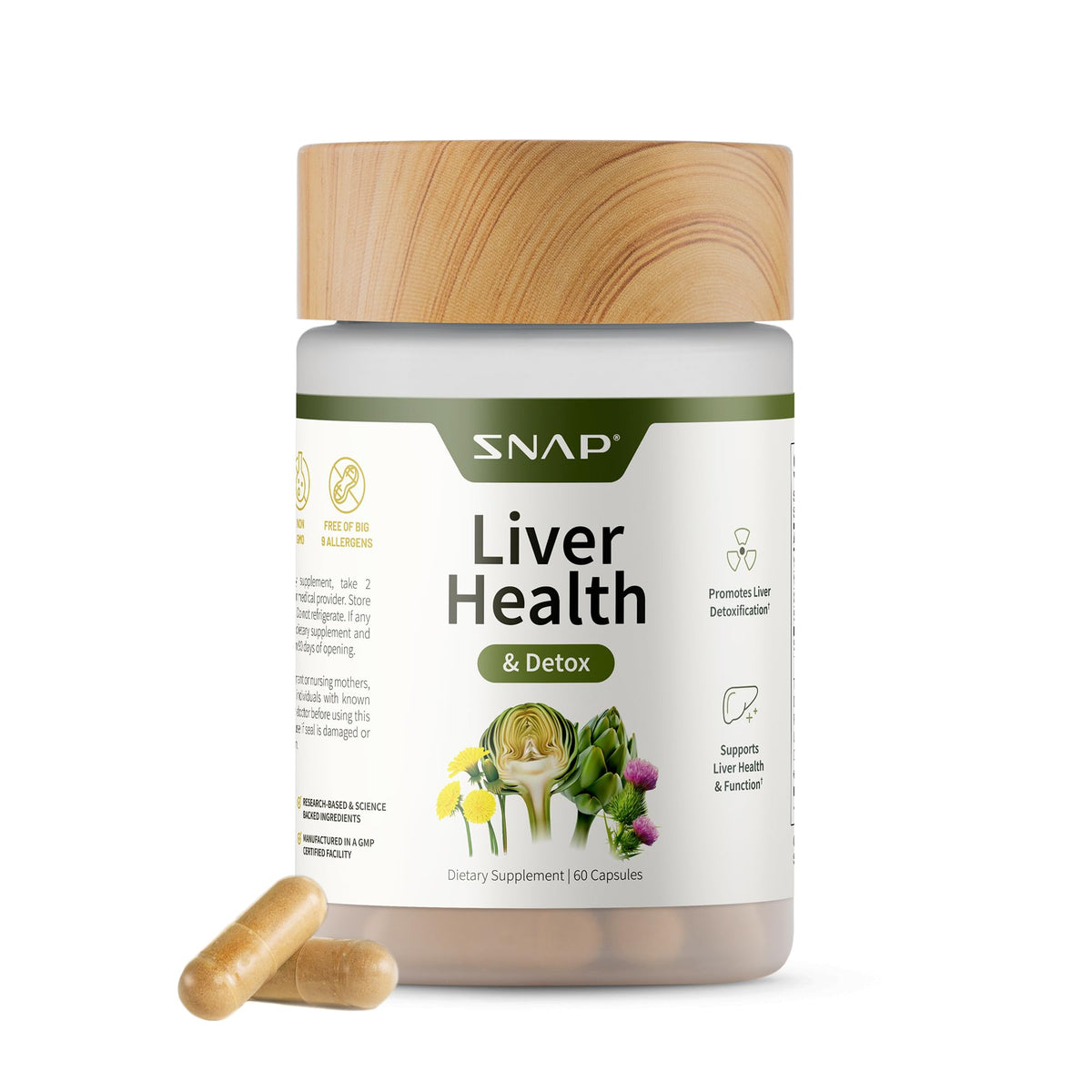 Snap Supplements frente del envase mostrando diseño y beneficios claros