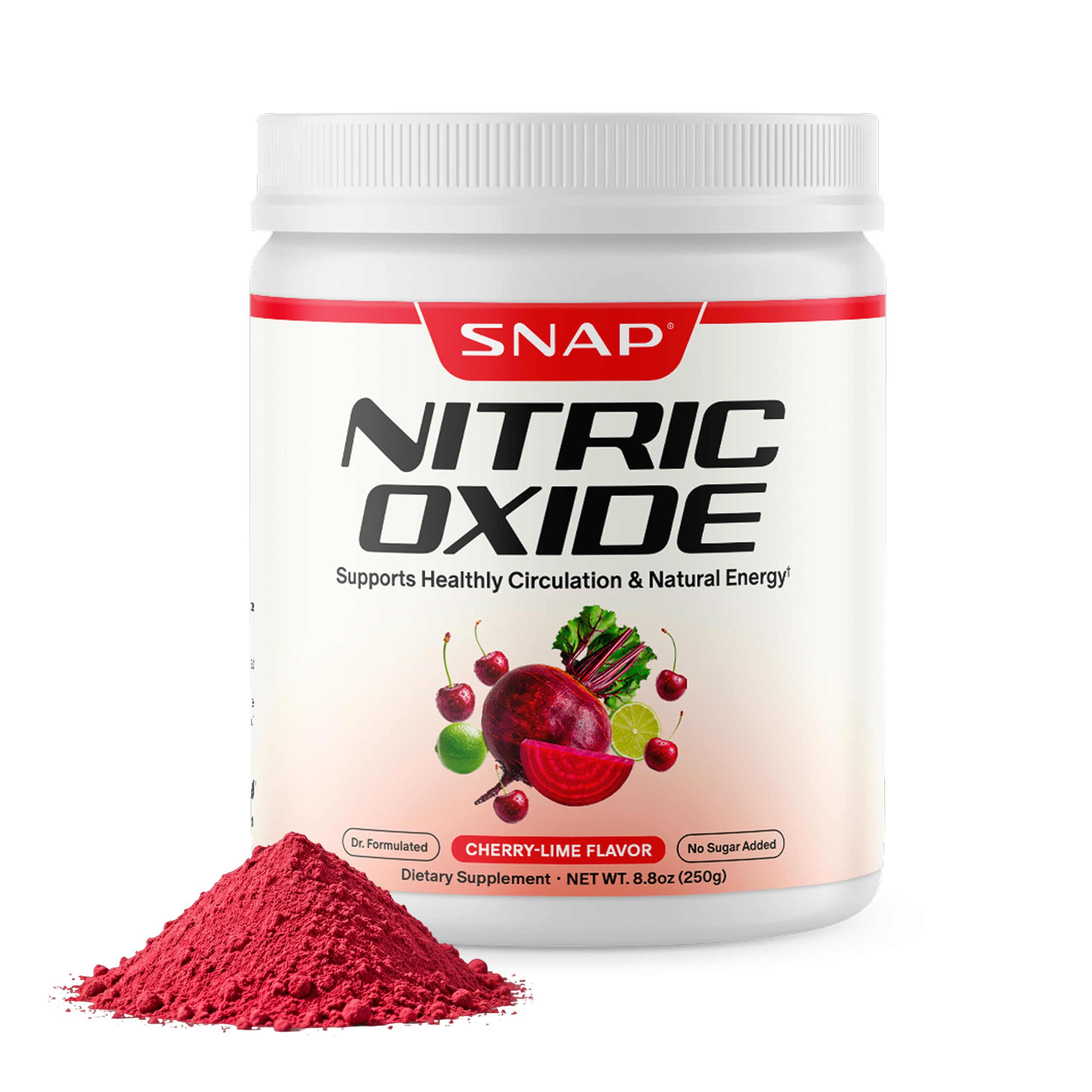 Snap Supplements envase frontal mostrando sabor cherry lime y beneficios