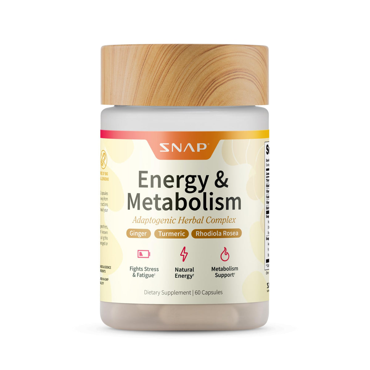 Snap Supplements envase frontal mostrando la presentación y beneficio de energía