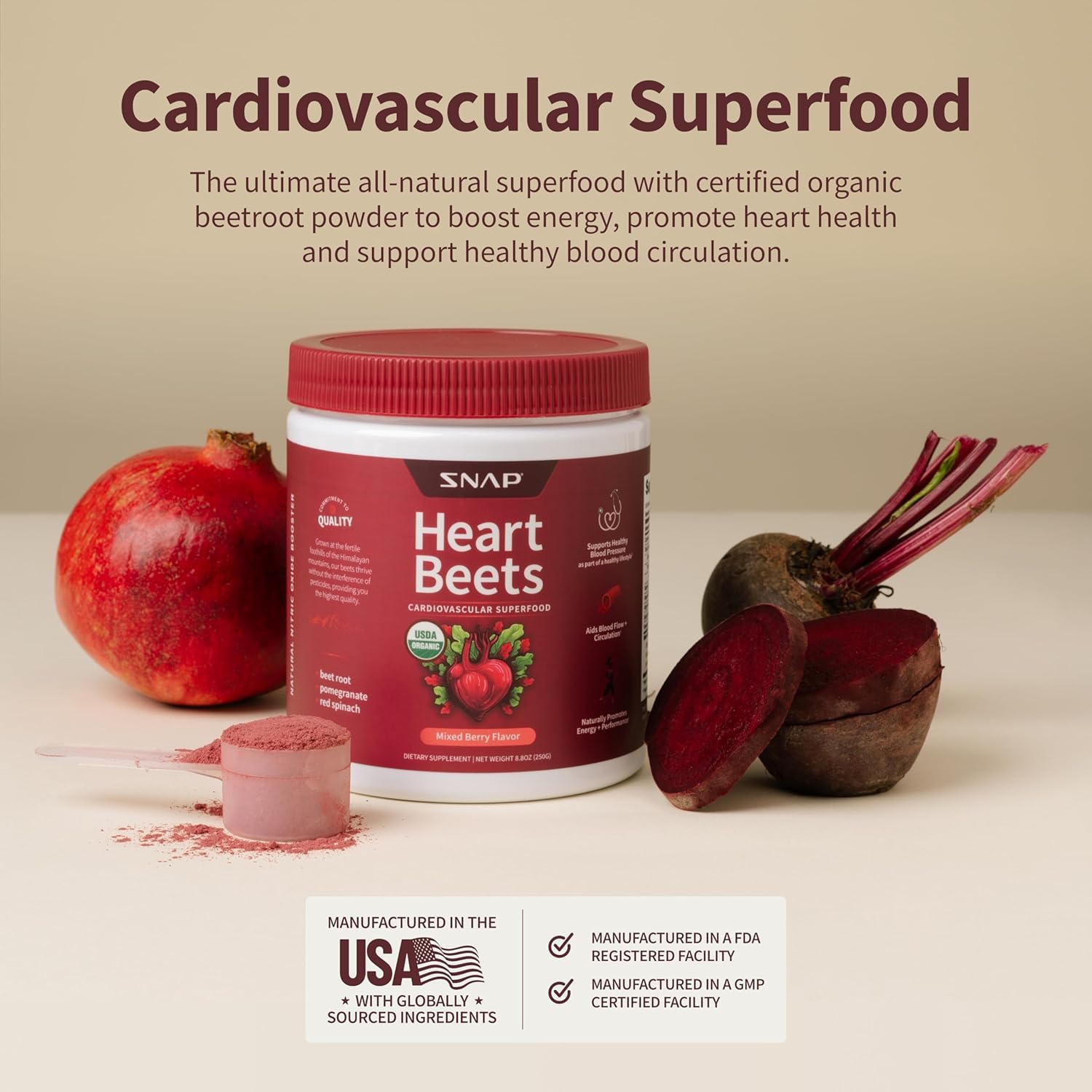Cucharada con porción de Heart Beets, Snap Supplements facilita dosificación diaria