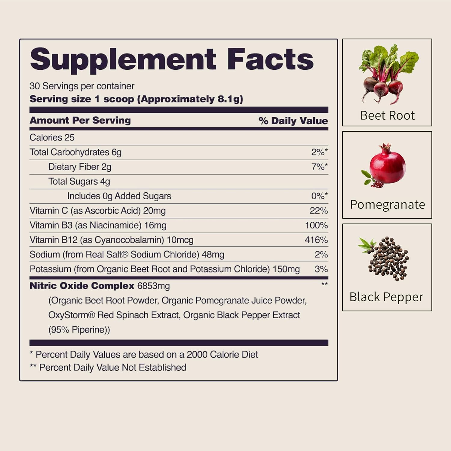 Etiqueta de Heart Beets con ingredientes listados, Snap Supplements transparencia de calidad