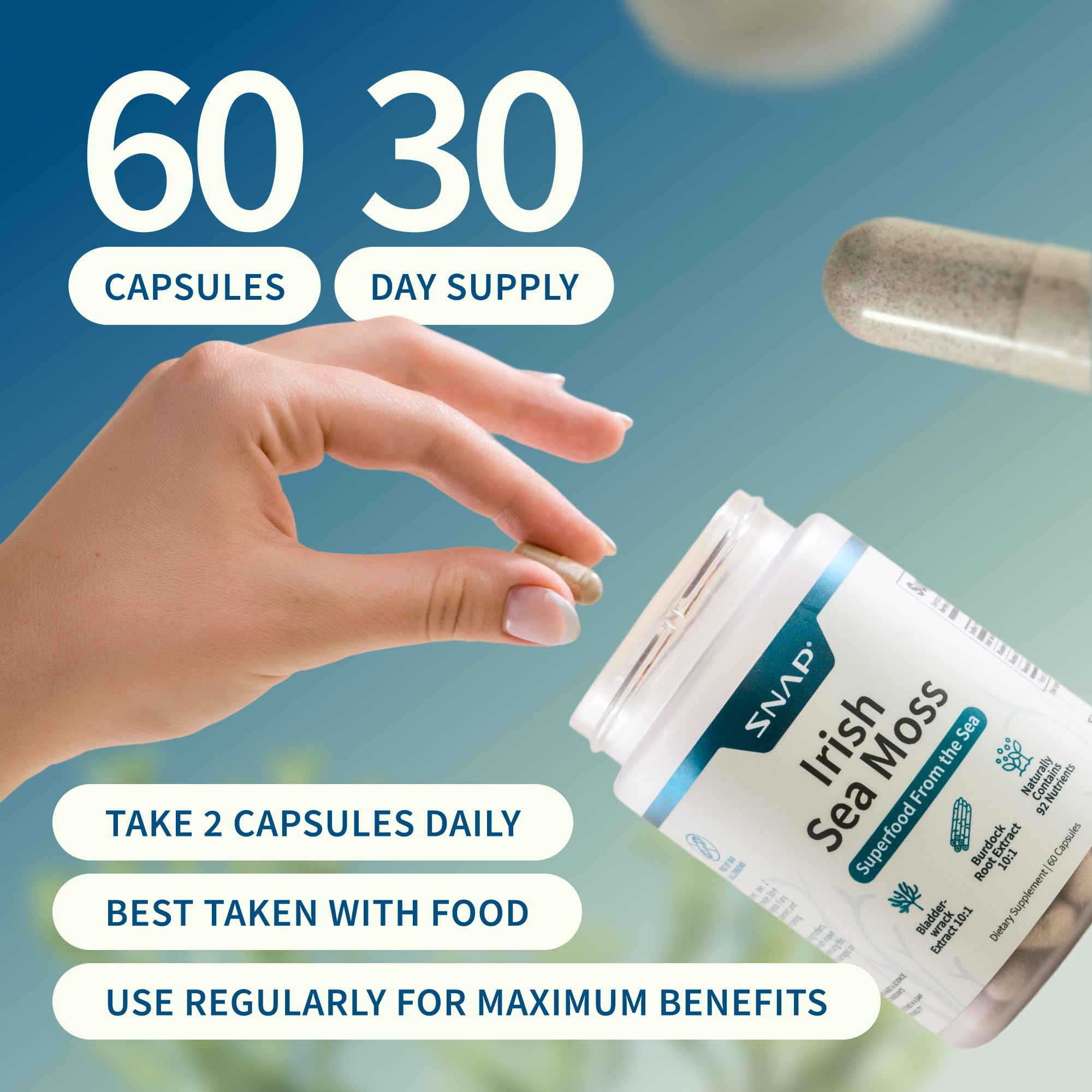 Snap Supplements ingredientes naturales sobre mesa, transparencia