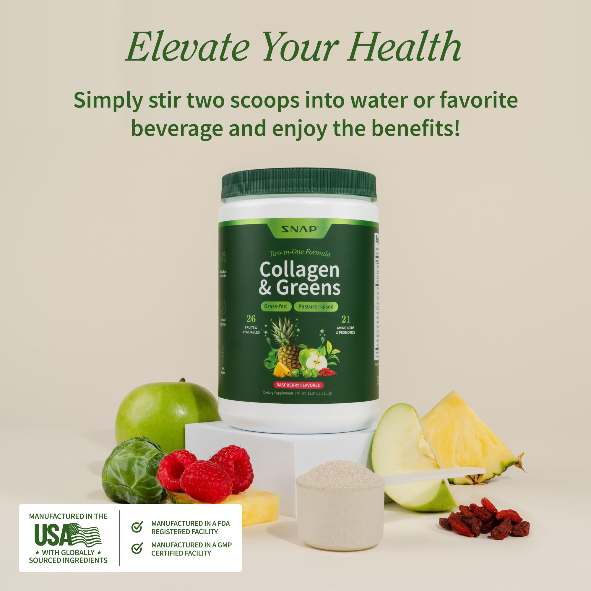 Ingredientes en polvo como spirulina y wheatgrass de Snap Supplements para nutrición