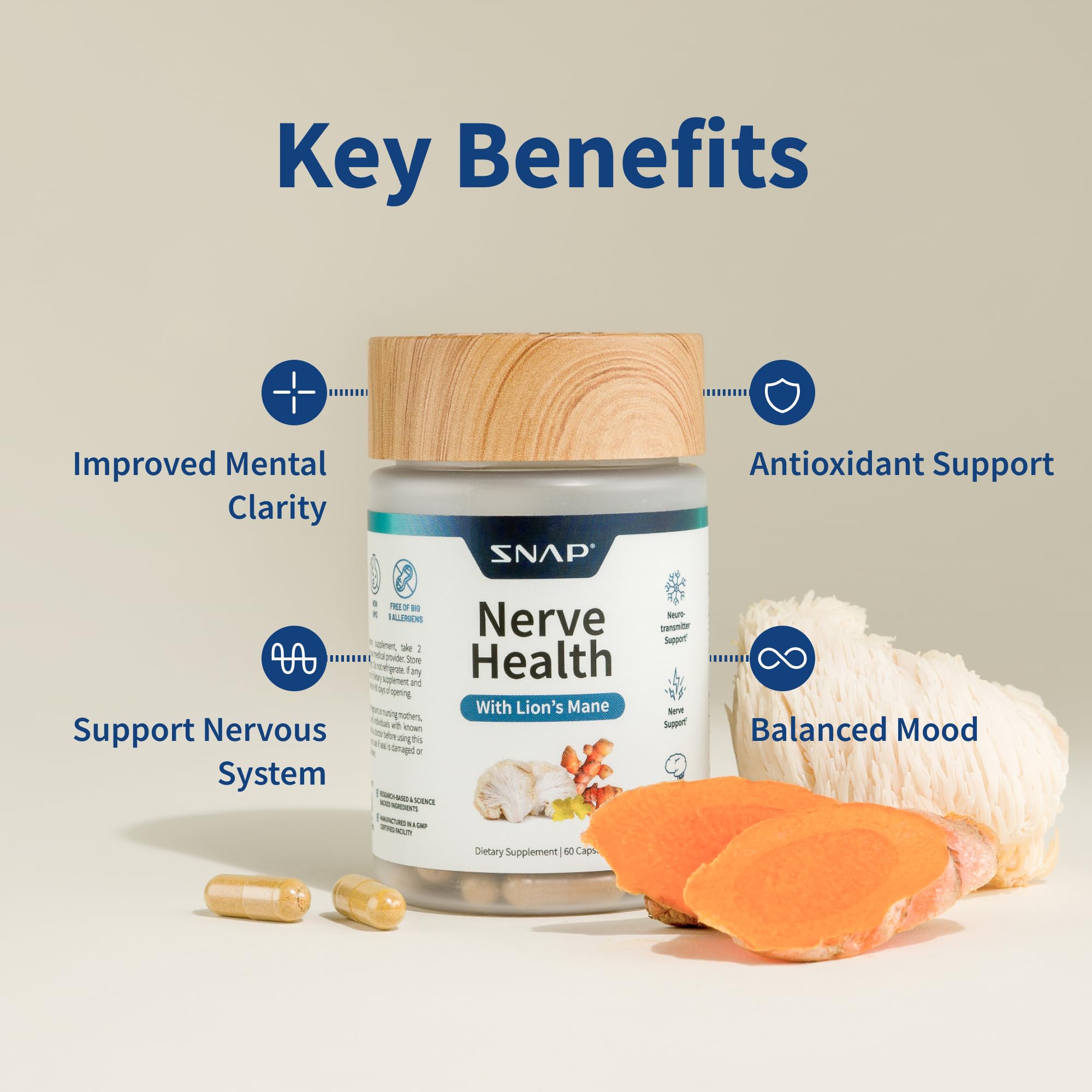 Snap Supplements ingredientes clave como Lion's Mane y cúrcuma visibles