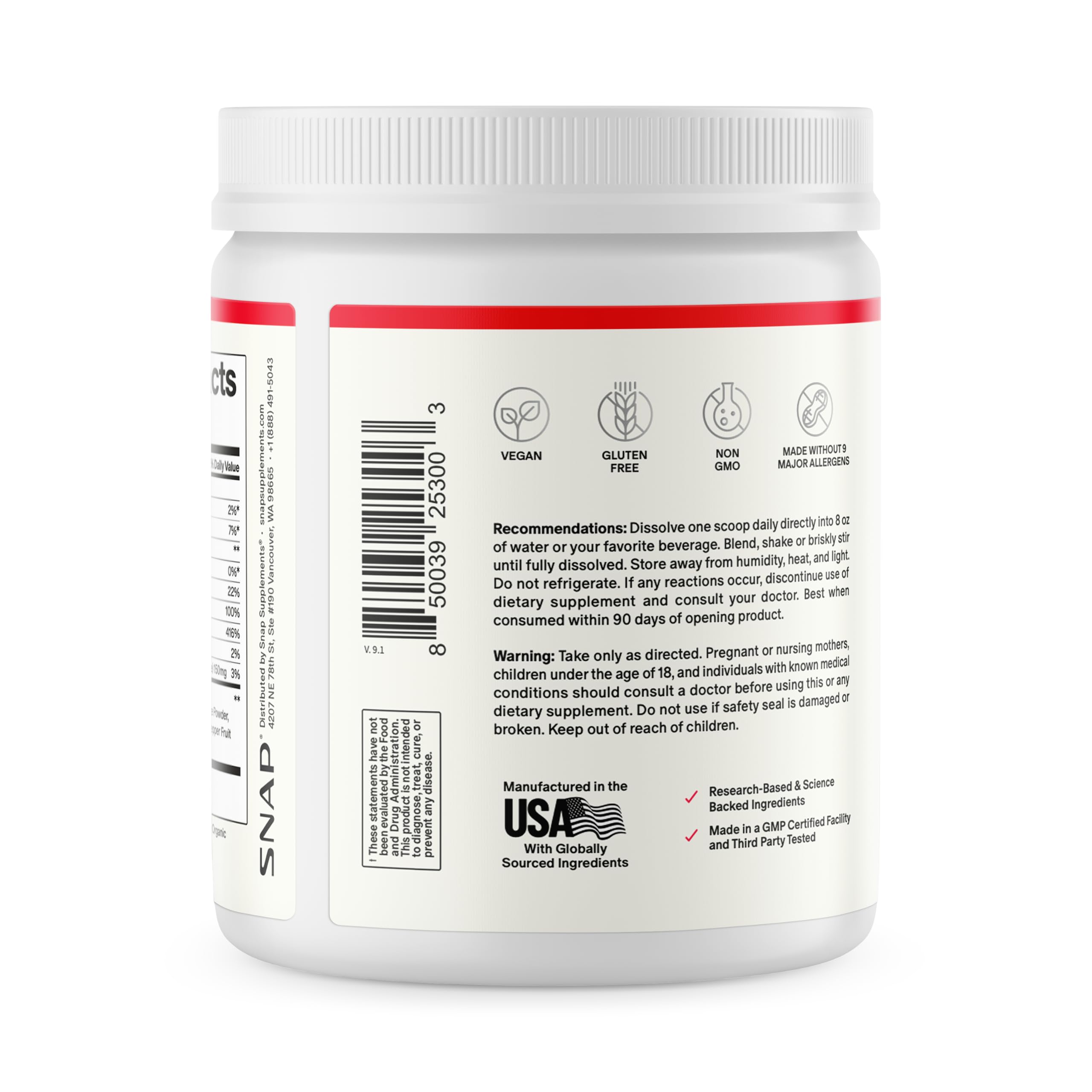 Snap Supplements sello GMP mostrando fabricación y control de calidad