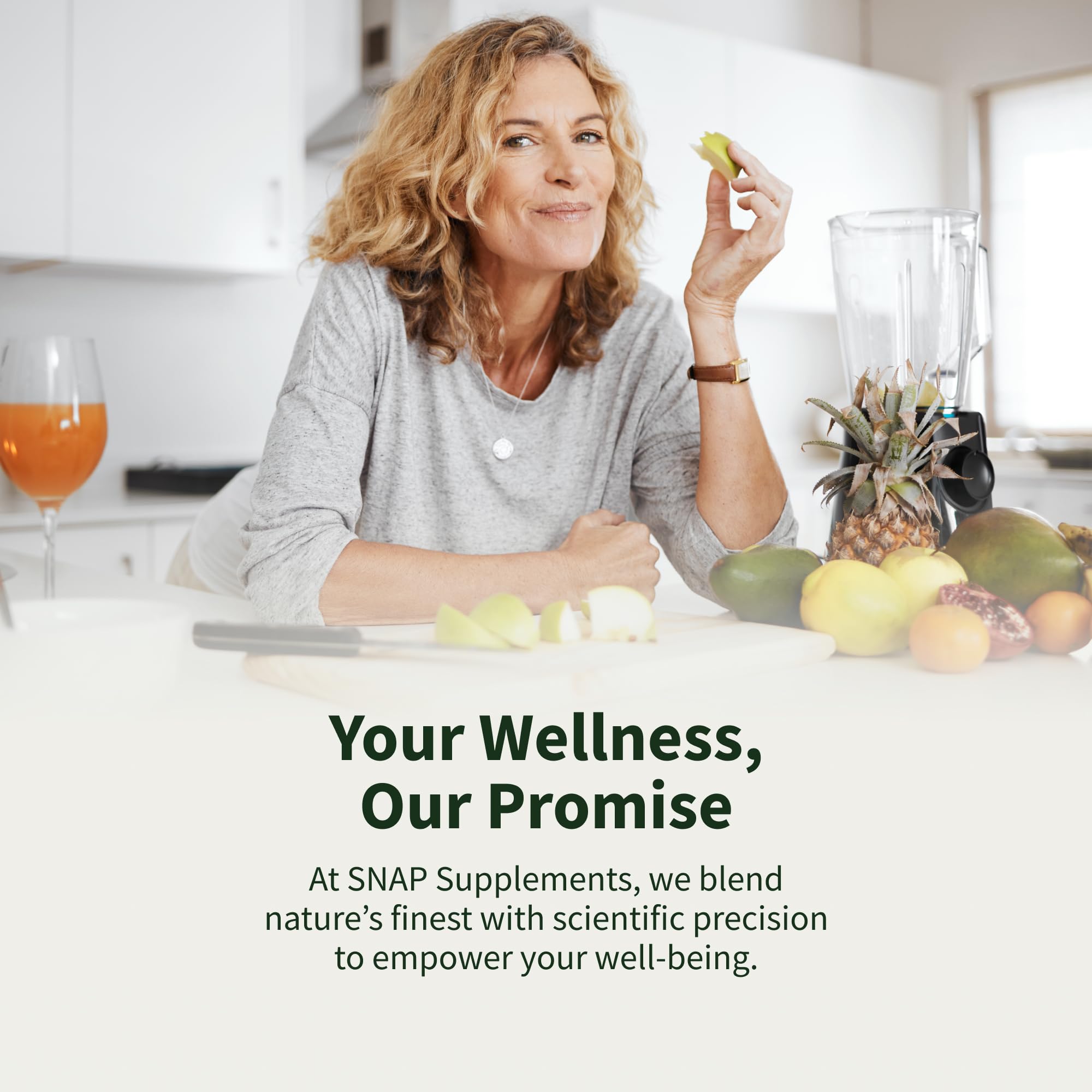 Snap Supplements uso matutino en cocina, sugiere energía para el día