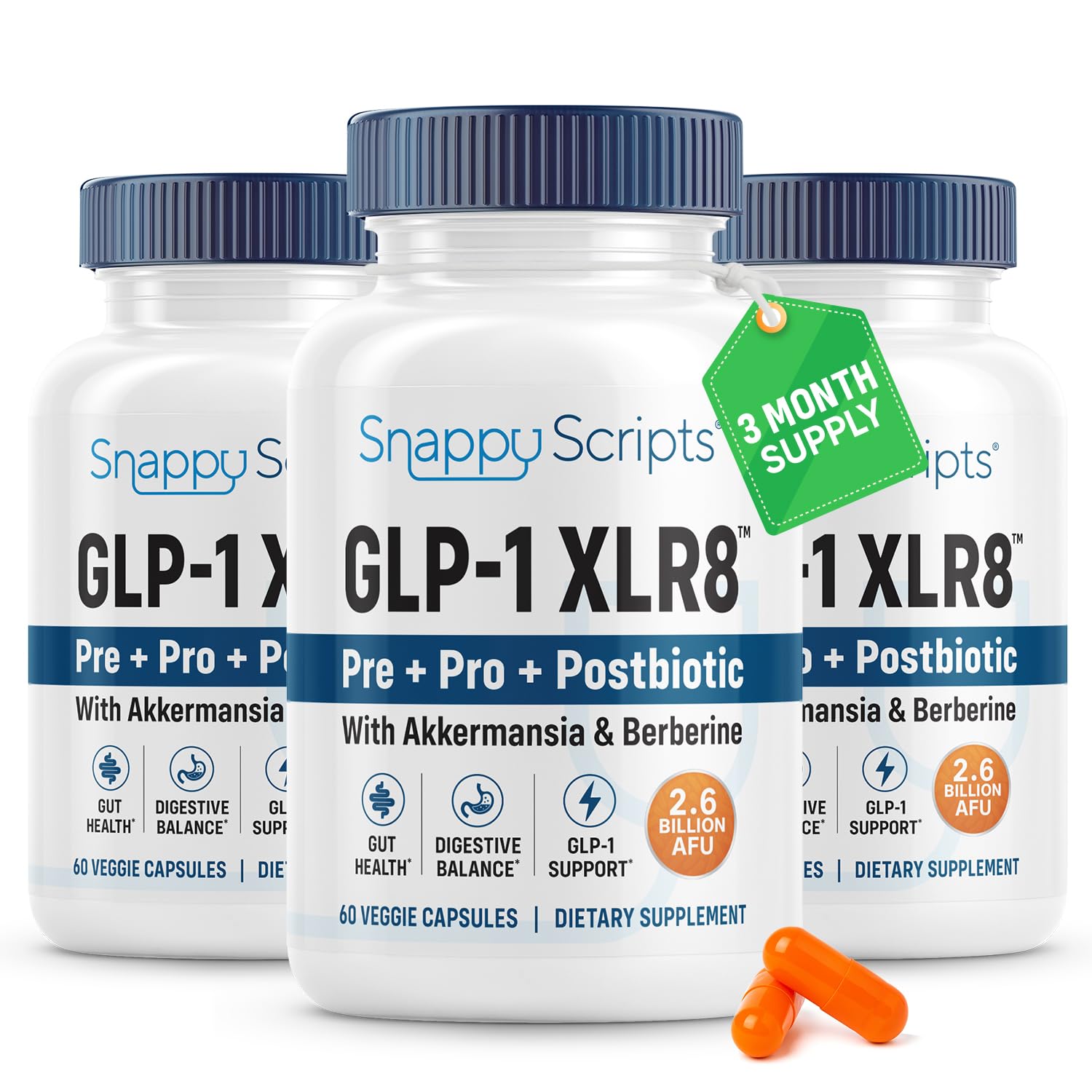 Snappy Scripts frente del empaque mostrando beneficio digestivo