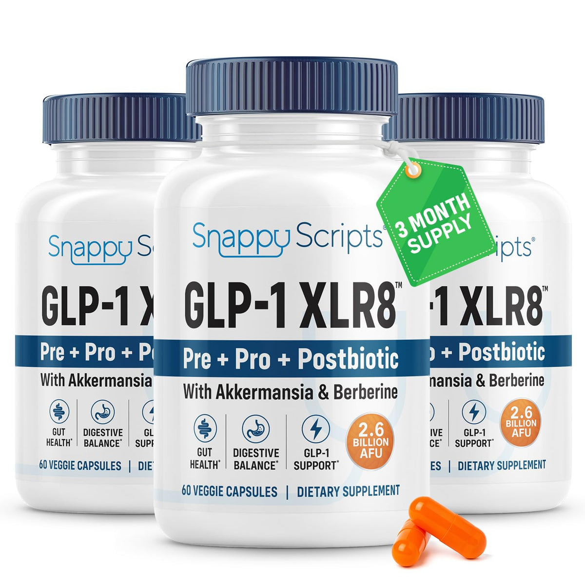 Snappy Scripts frente del empaque mostrando beneficio digestivo